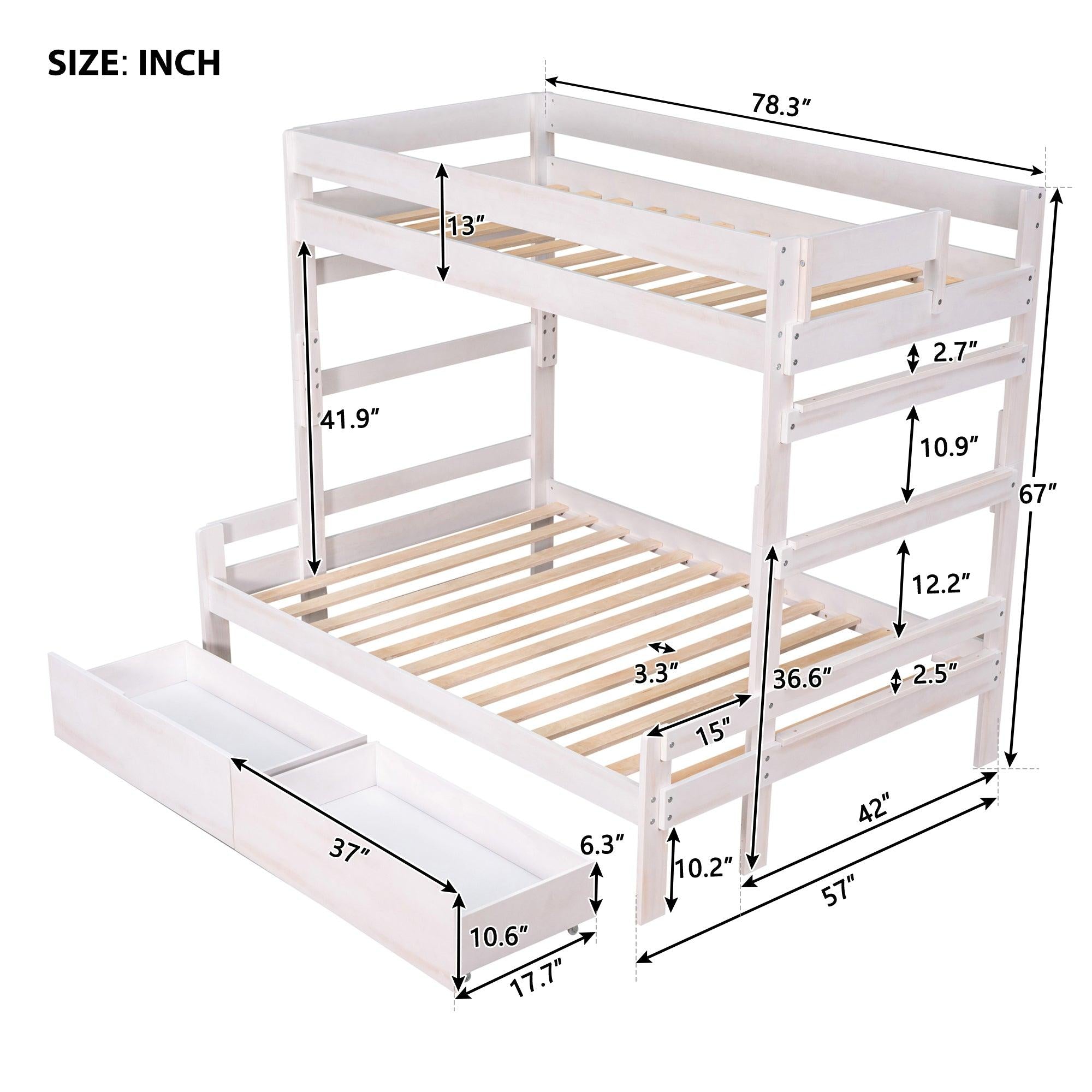 Twin over Full Wood Bunk Bed with 2 Drawers, White