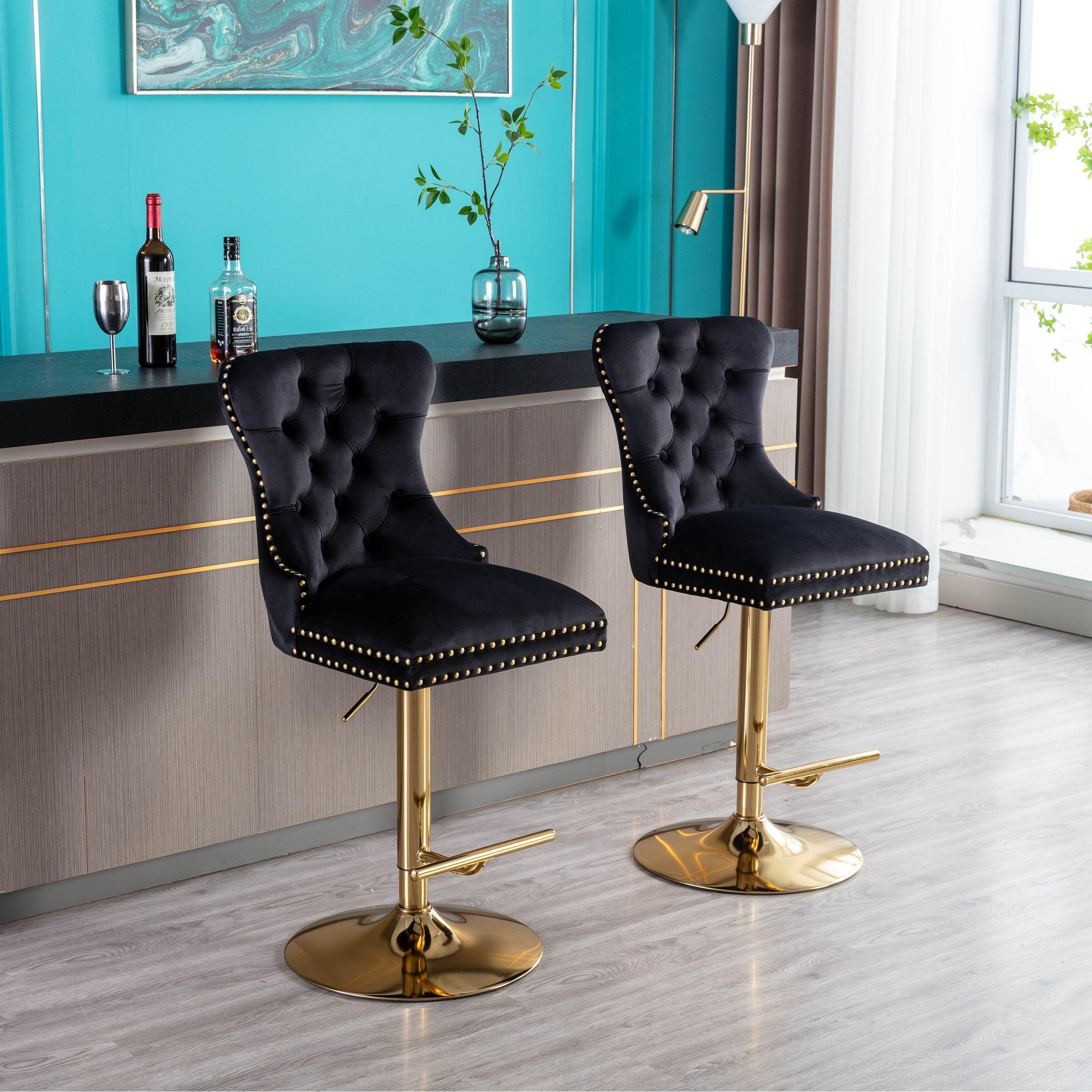 Swivel Bar Stools Chair Set of 2Modern Adjustable Counter Height Bar Stools, Velvet Upholstered Stool with Tufted High Back & Ring Pull for Kitchen , Chrome Golden Base, Black