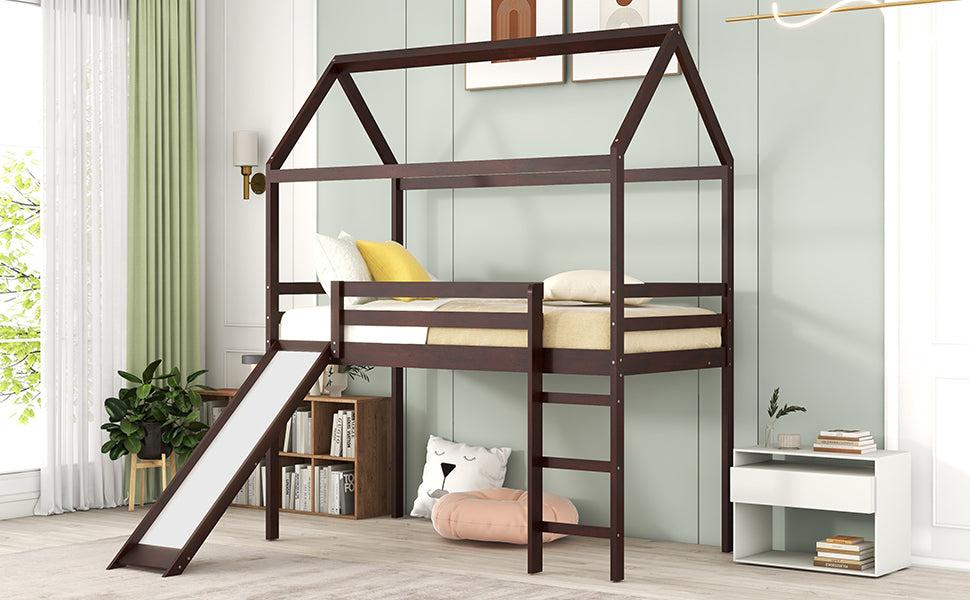 Twin Loft Bed with Slide, House Bed with Slide,Gray