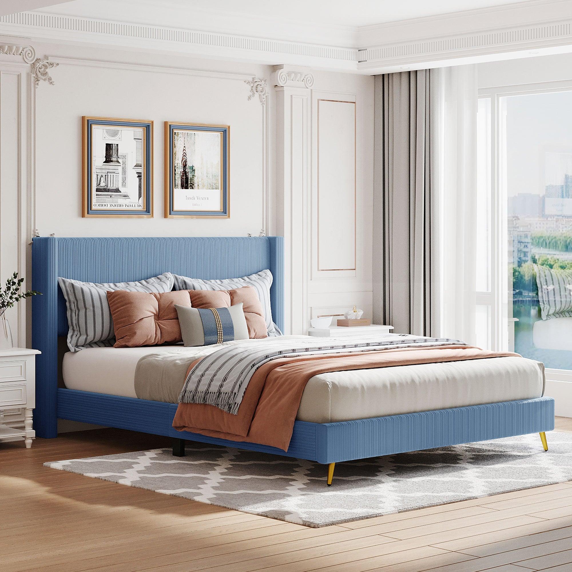 Queen Size Corduroy Platform Bed with Metal Legs, Blue image