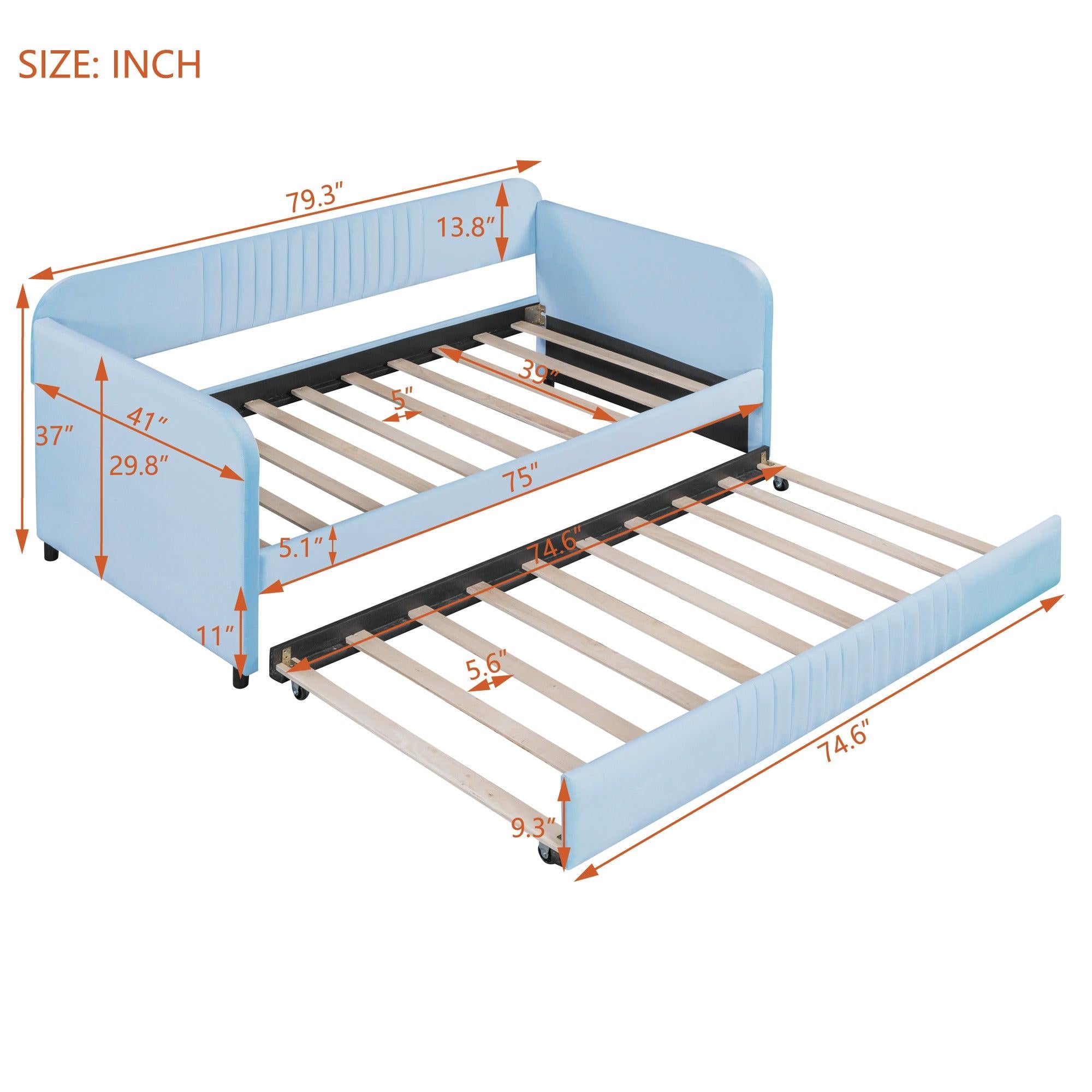 Upholstered Daybed Sofa Bed Twin Size With Trundle Bed and Wood Slat, Light Blue