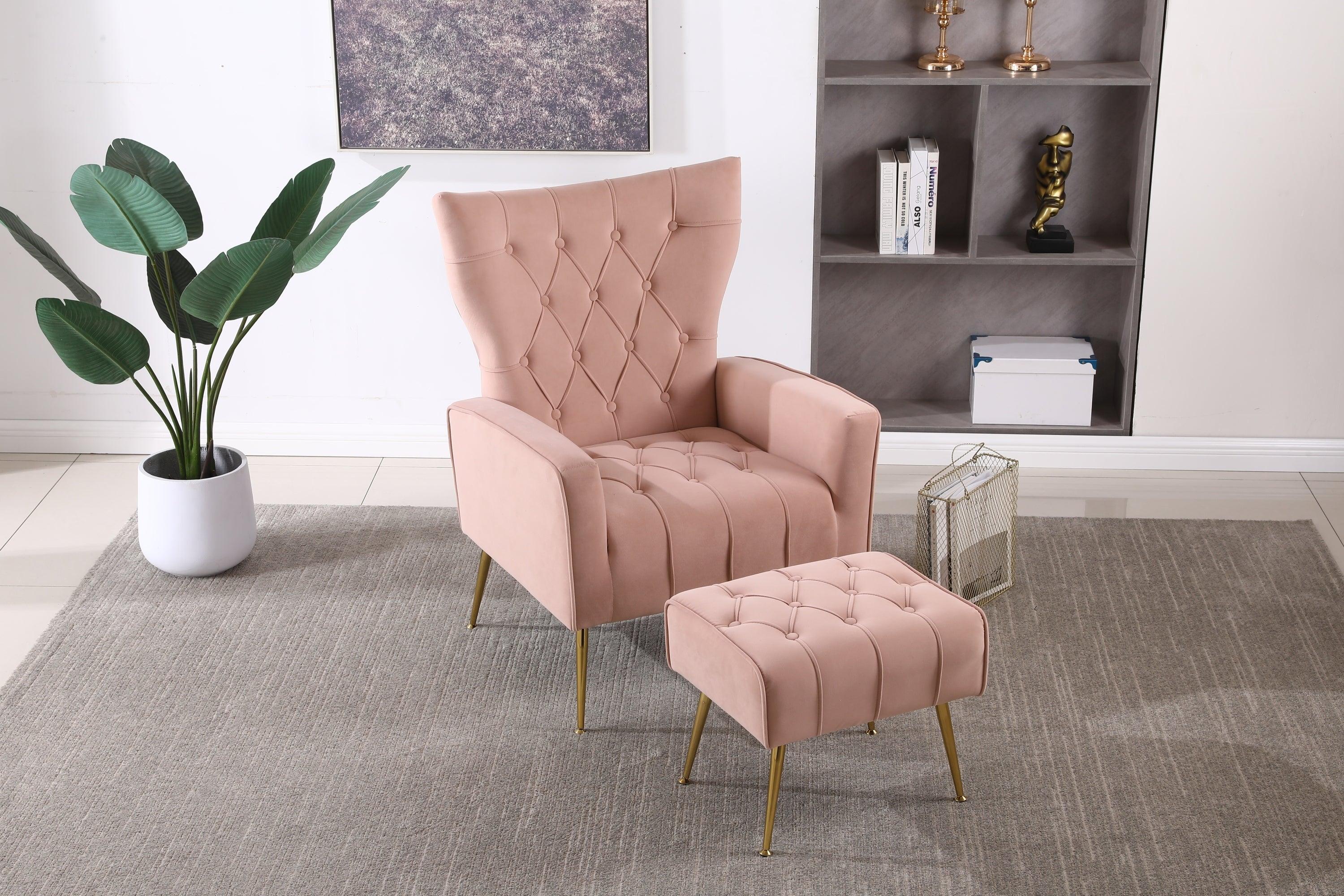 Modern Accent Chair with Ottoman,  Comfy  Armchair for Living Room, Bedroom, Apartment, Office (Pink)