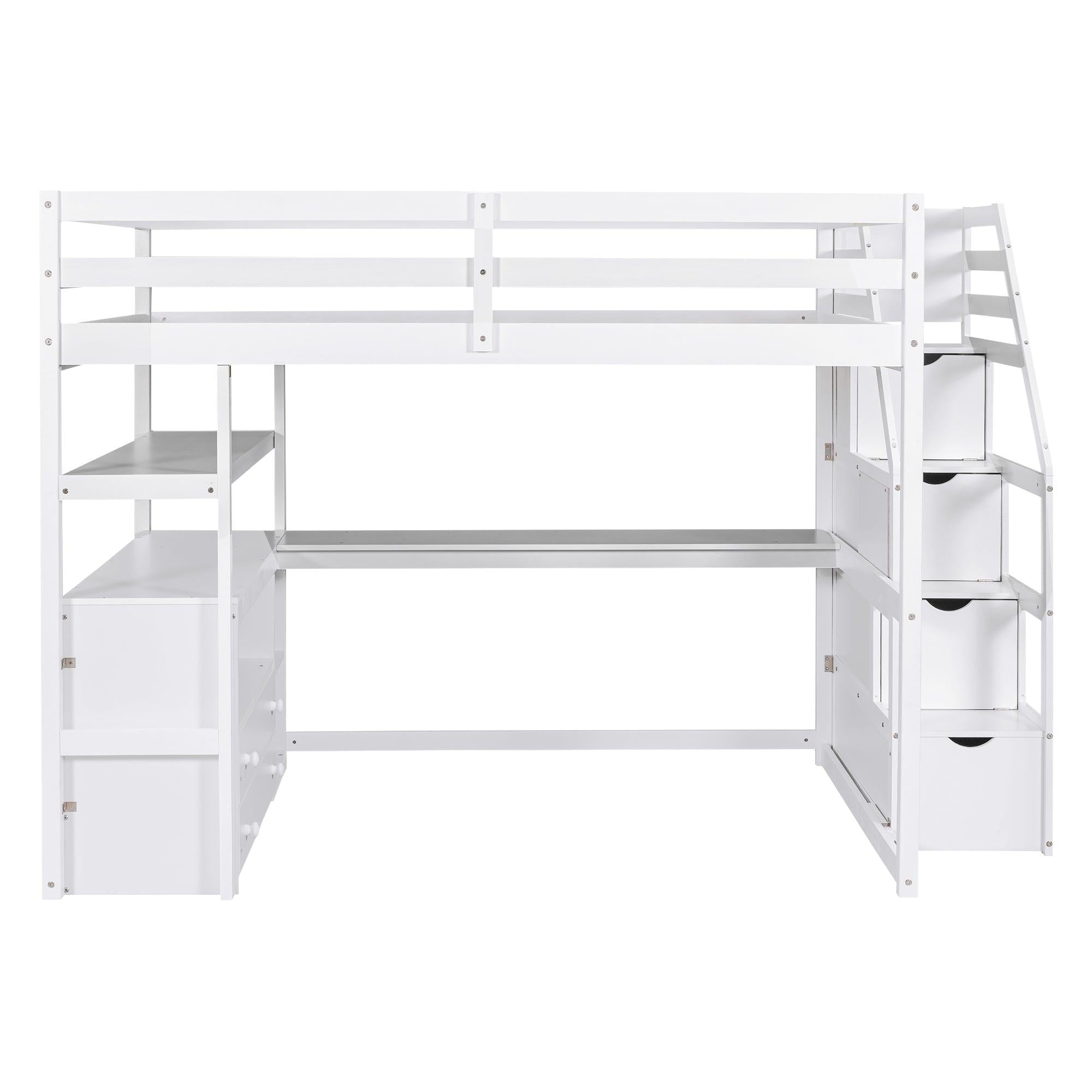 Full Size Loft Bed with Desk and Shelves, Two Built-in Drawers,Storage Staircase, White