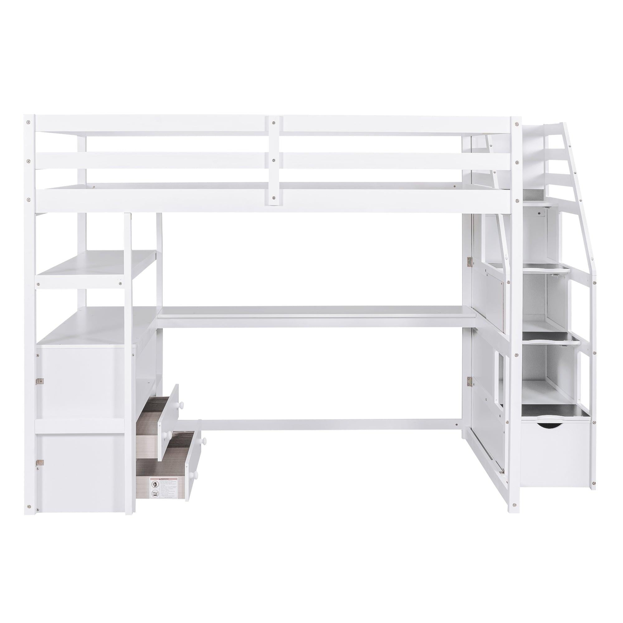 Full Size Loft Bed with Desk and Shelves, Two Built-in Drawers,Storage Staircase, White