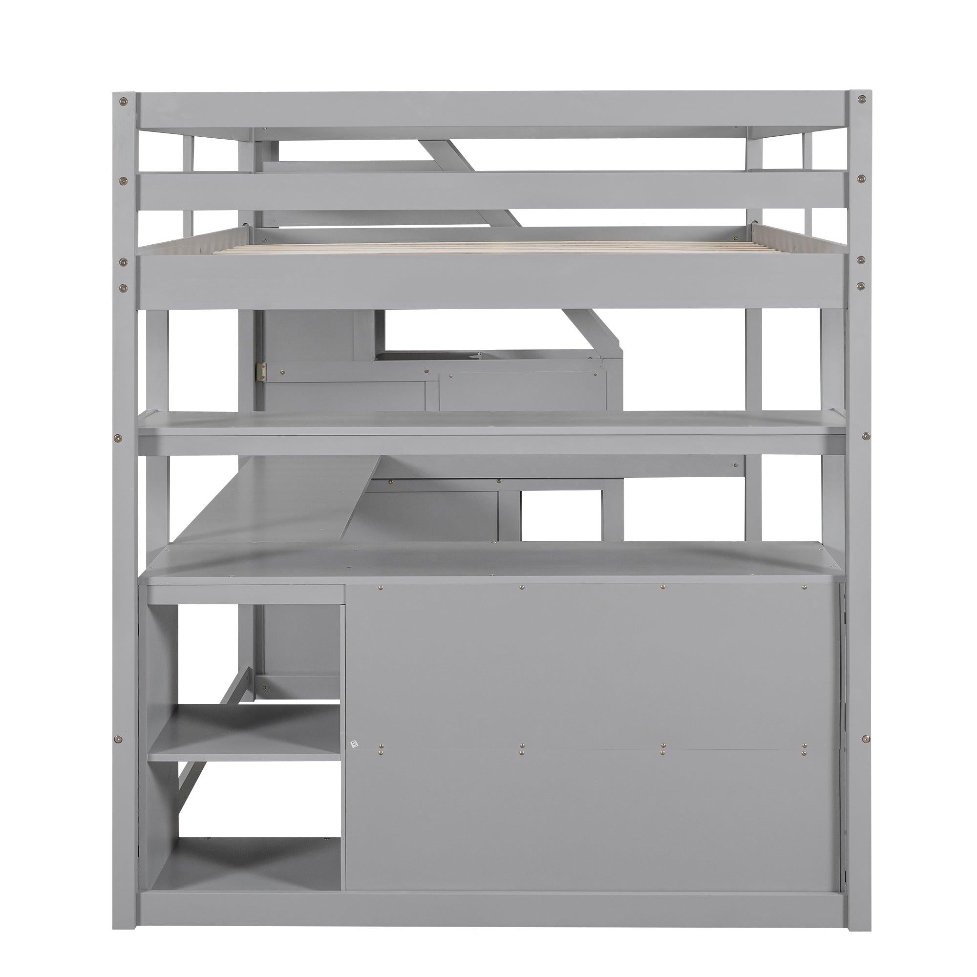 Full Size Loft Bed with Desk and Shelves, Two Built-in Drawers,Storage Staircase, Gray