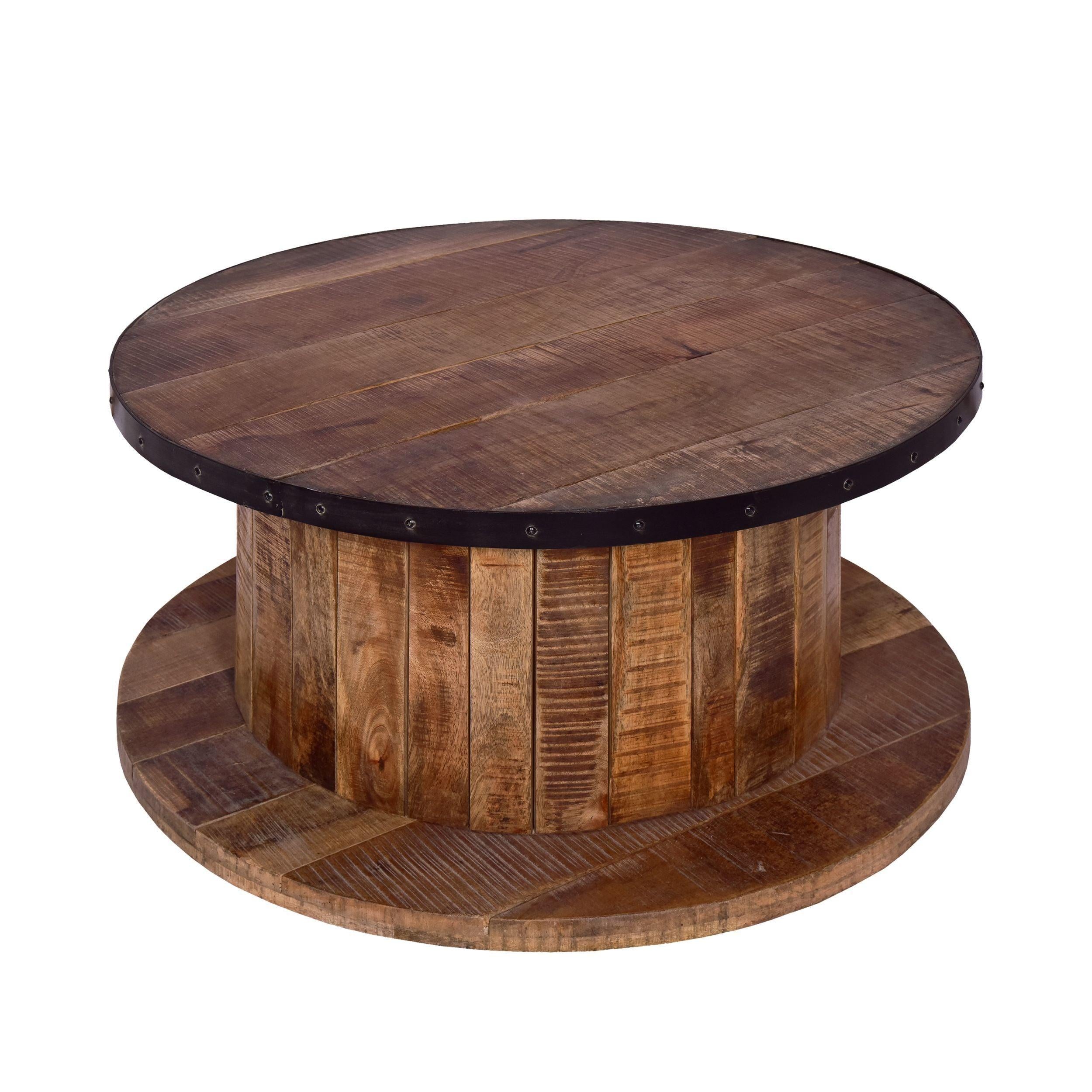 36 Inch ManWood Farmhouse Coffee Table with Rustic Plank Style Round Top and Base, Walnut and Natural Brown image