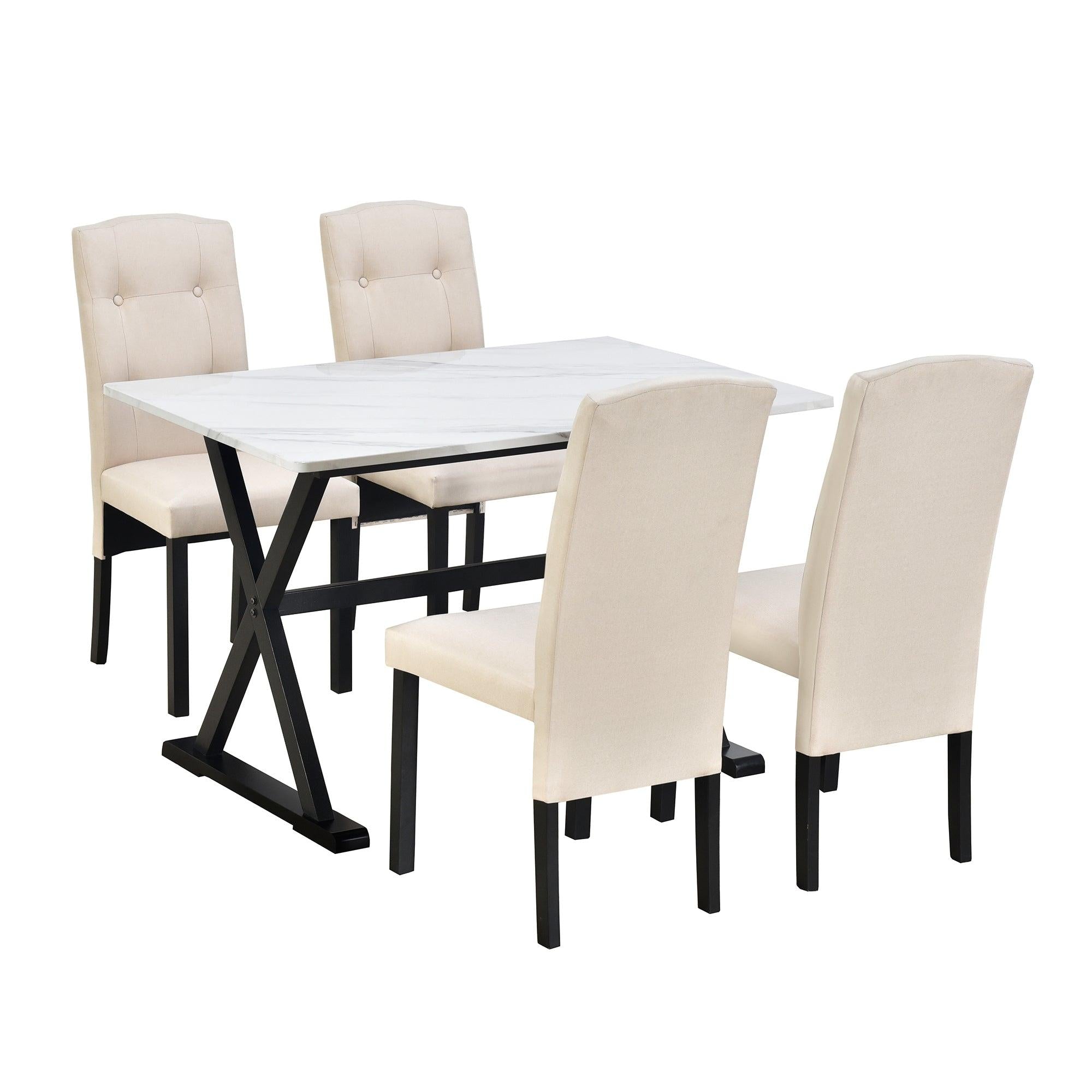 Solid Wood 5-Piece Dining Table Set with Faux Marble Tabletop and Upholstered Dining Chairs for 4, Faux Marble White+Beige