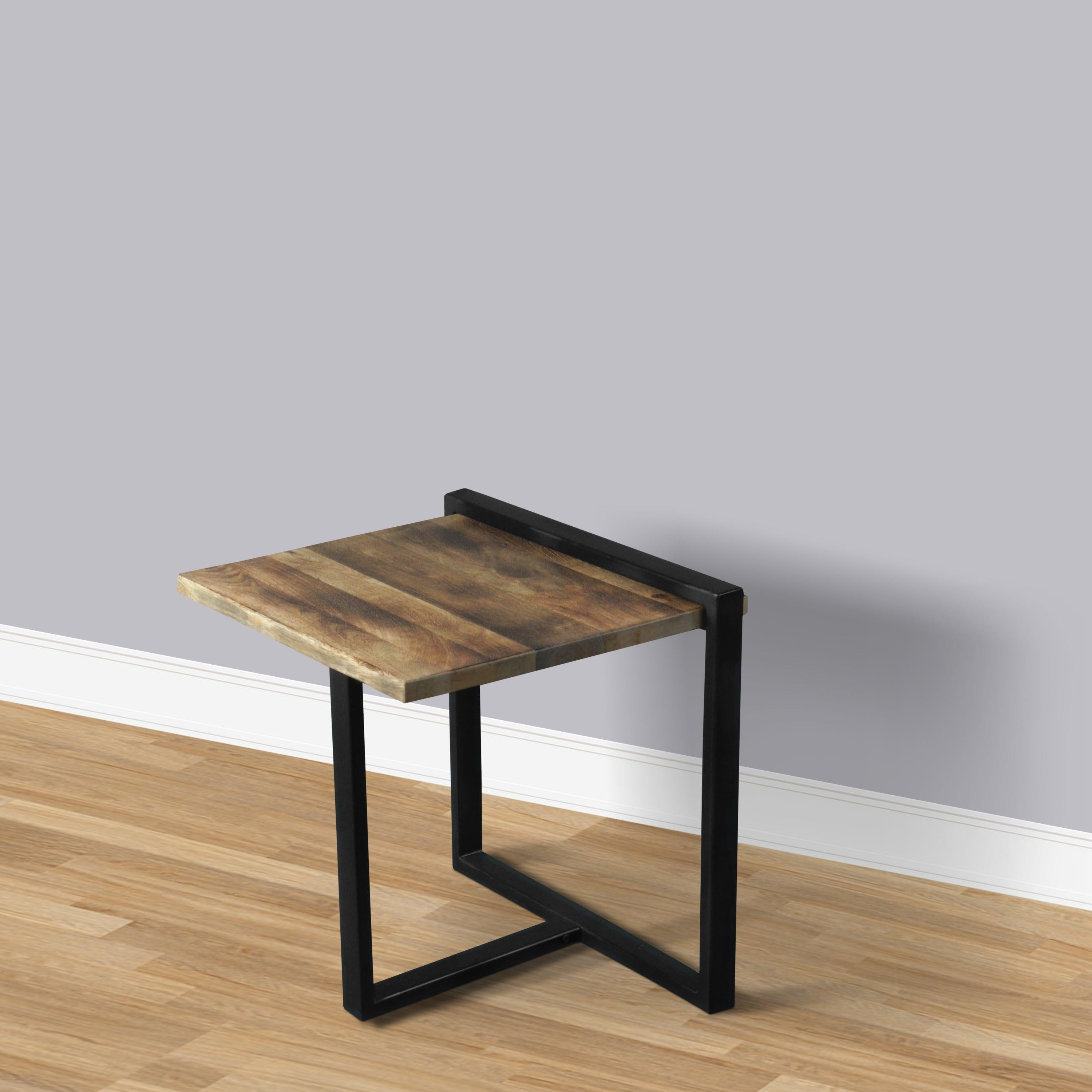 Industrial End Table with Wooden Rectangular Top and Metal Frame, Brown and Black