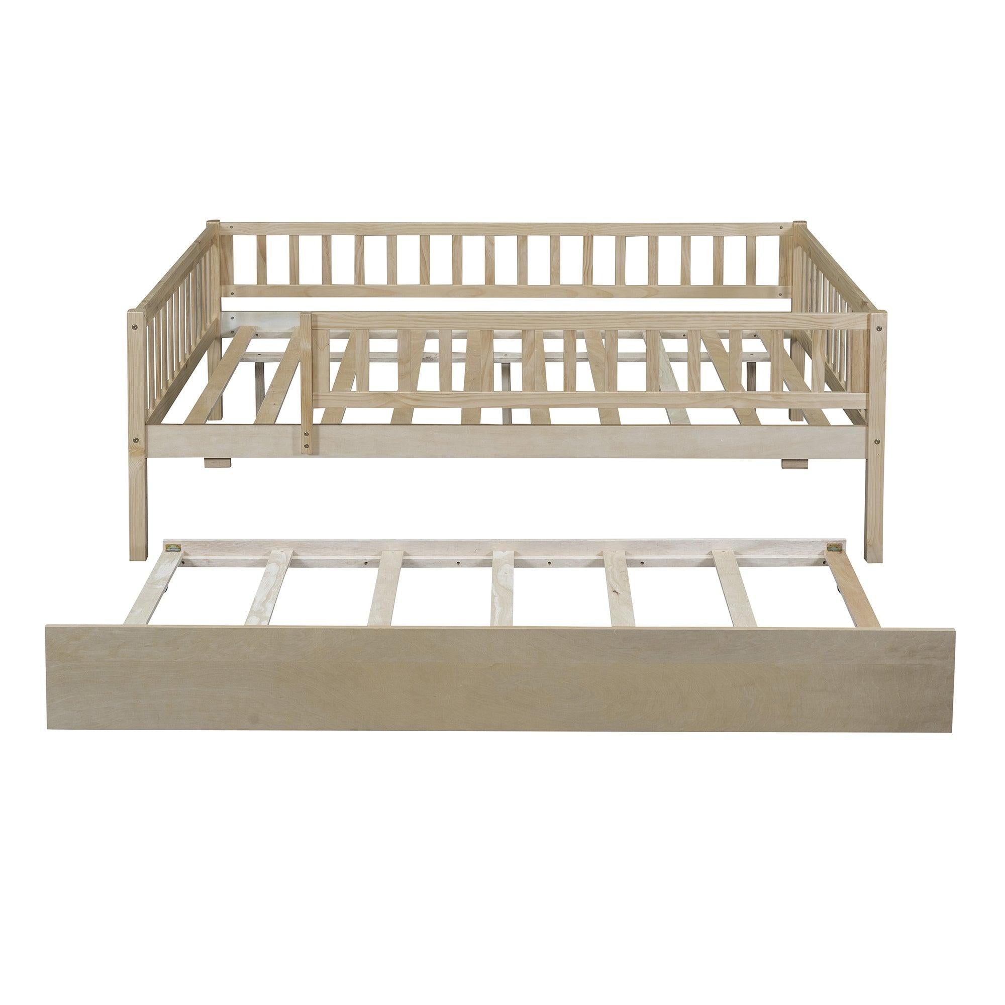 Full Size Wood Daybed with Trundle and Fence Guardrails, Natural