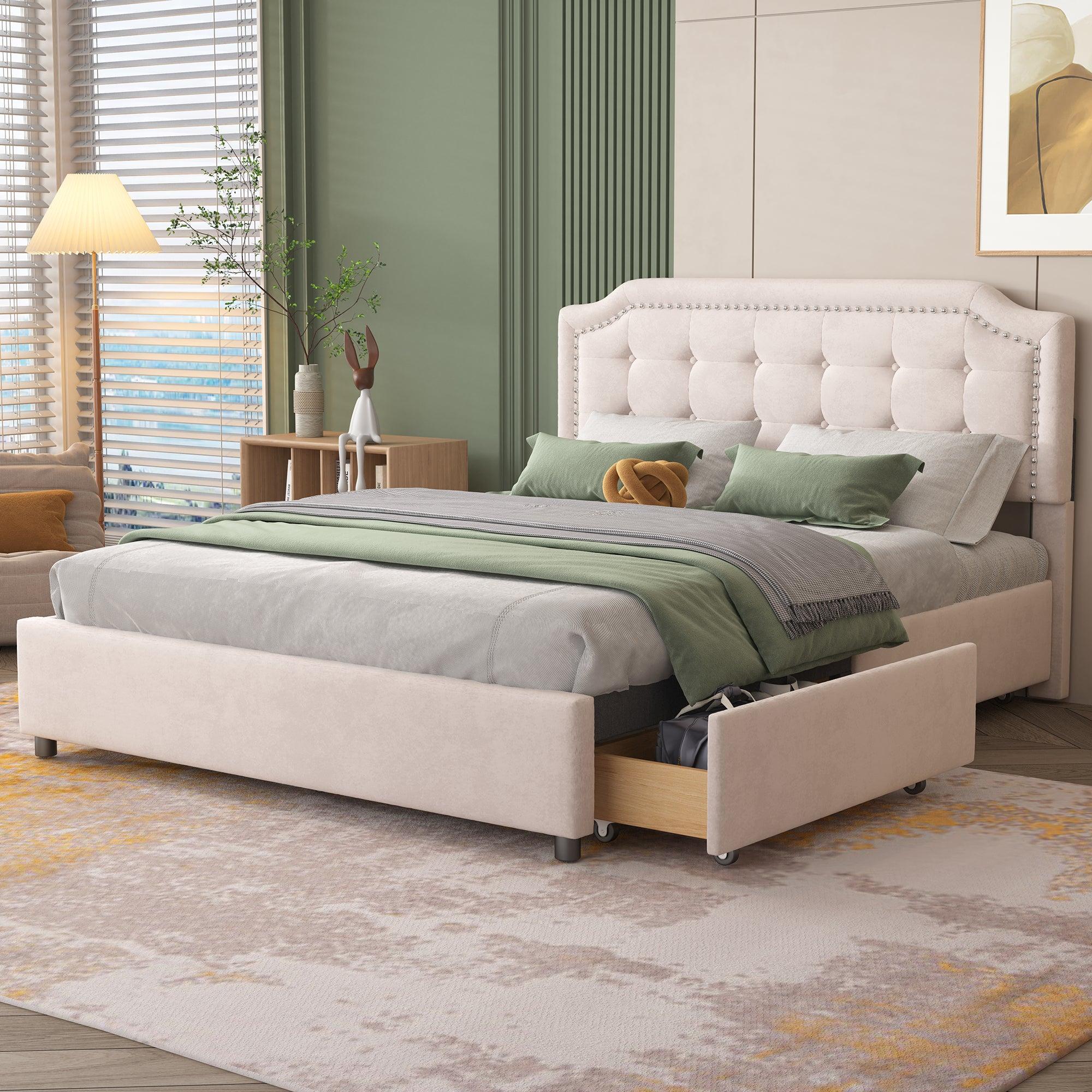 Upholstered Platform Bed with Classic Headboard and 4 Drawers, No Box Spring Needed, Velvet Fabric, Queen Size Beige image