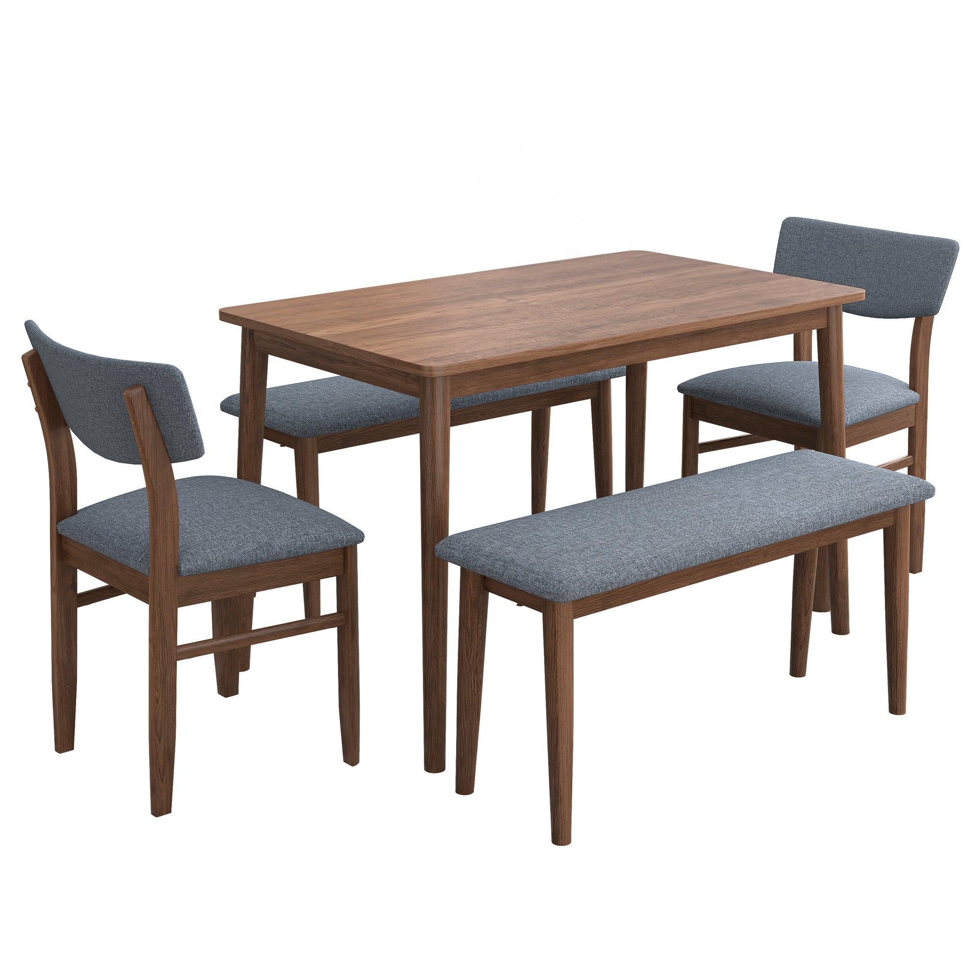 Modern Dining Table Set with 2 Benches and 2 Chairs Fabric Cushion for 6 All Rubber wood Kitchen Dining Table for Dining Room Small Space Grey