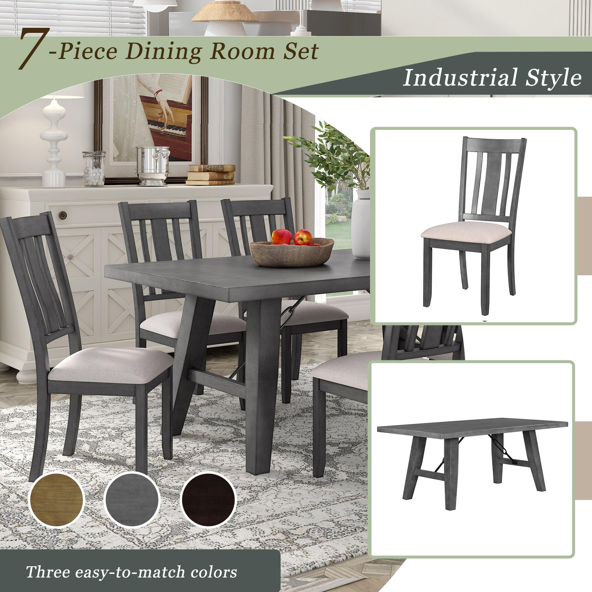 7-Piece Dining Room Set - 72" Industrial Style Rectangular Table with Chain Bracket and 6 Dining Chairs (Gray)