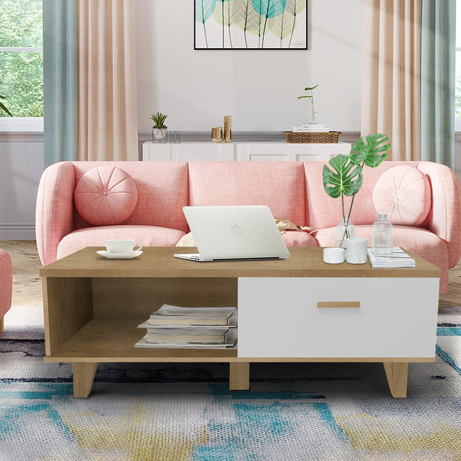 COFFEE TABLE，computer table, wood+white color, solid wood handles and legs, two drawers image