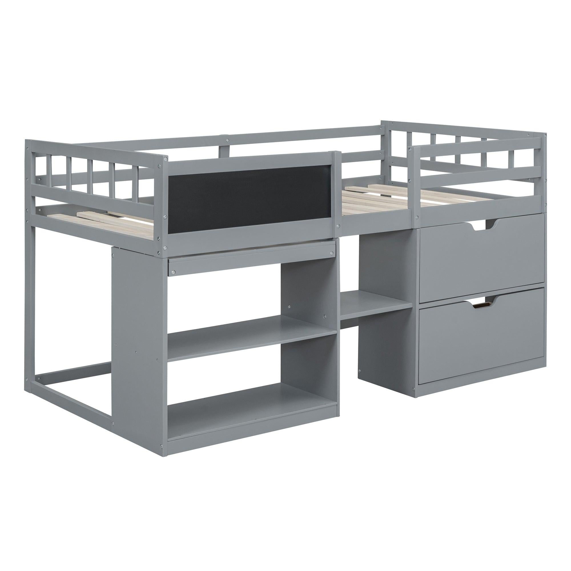 Twin Size Low Loft Bed with Rolling Desk, Shelf and Drawers - Gray