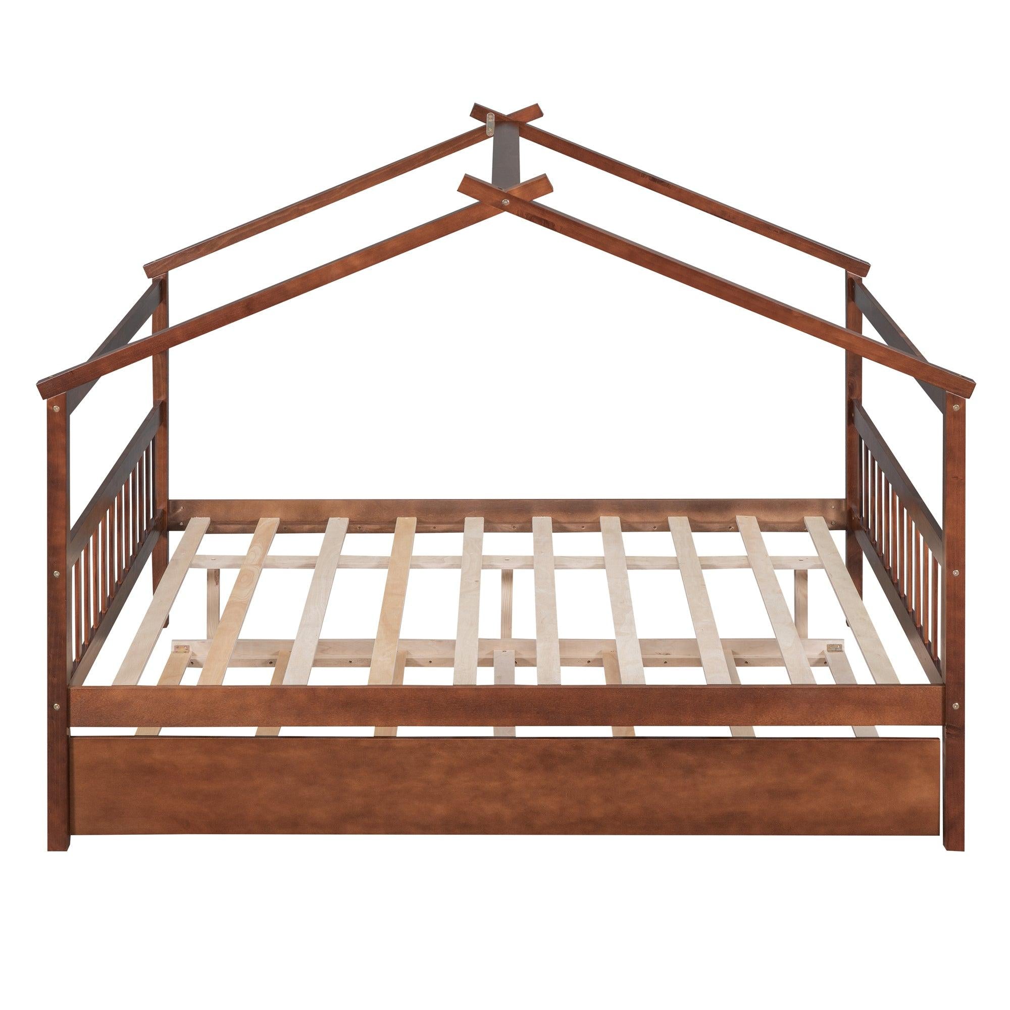 Full Size Wooden House Bed with Twin Size Trundle, Walnut