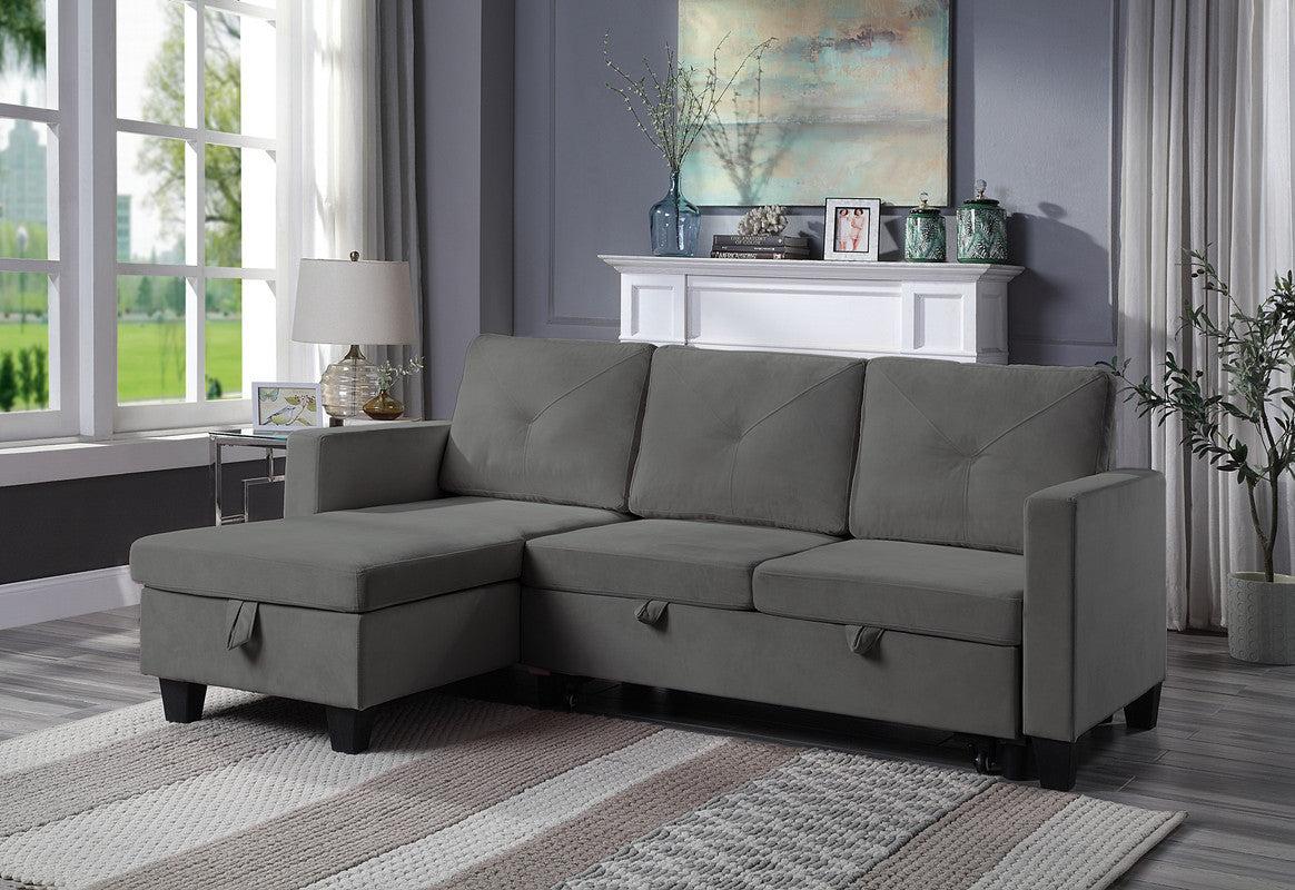 Nova Dark Gray Velvet Reversible Sleeper Sectional Sofa withStorage Chaise image