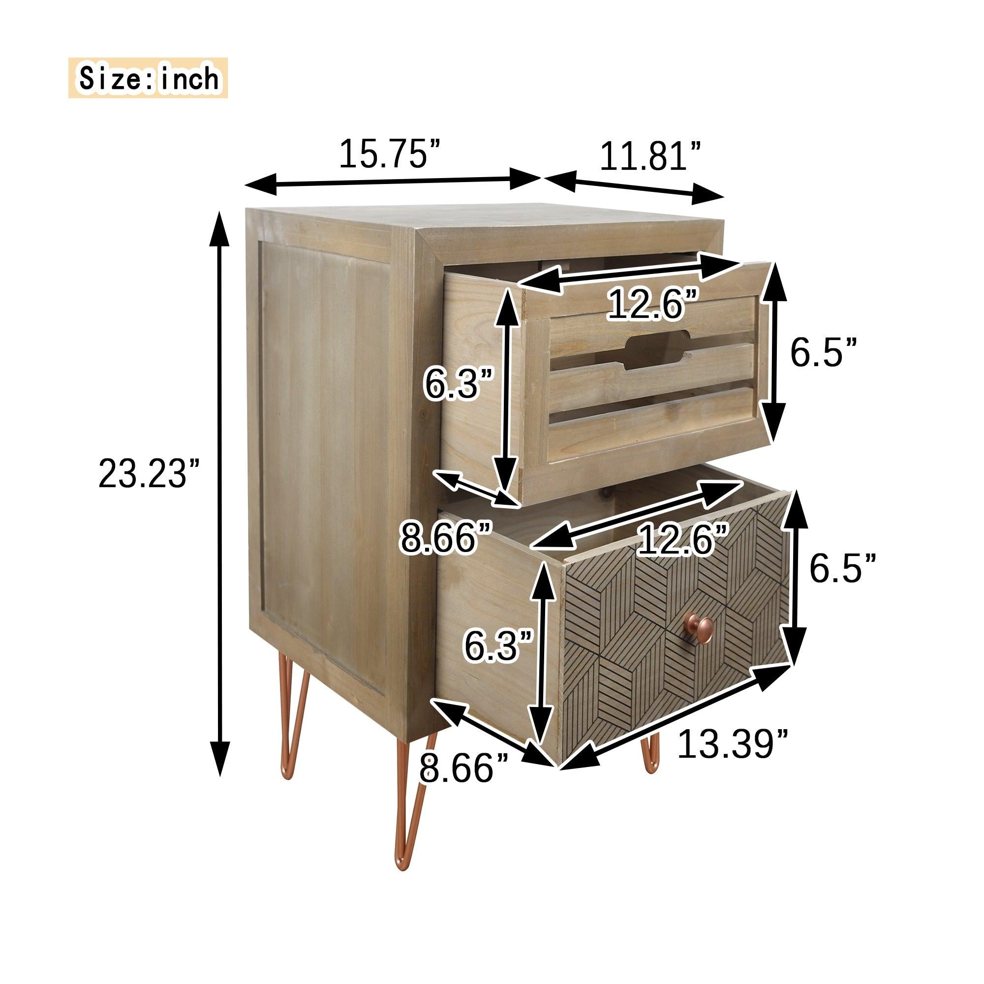 Wooden Nightstand with Two Drawer and Metal Feet Antique Style Bedside Table (Natural)