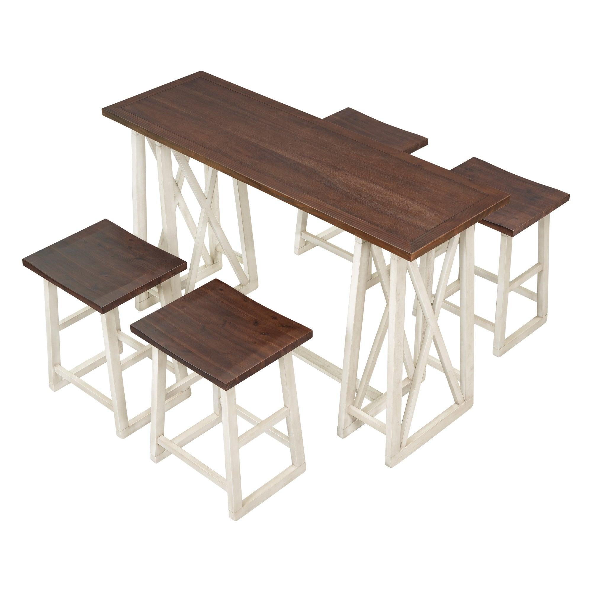 Rustic Counter Height 5-Piece Dining Set, Wood Console Table Set with 4 Stools for Small Places,Walnut+Cream