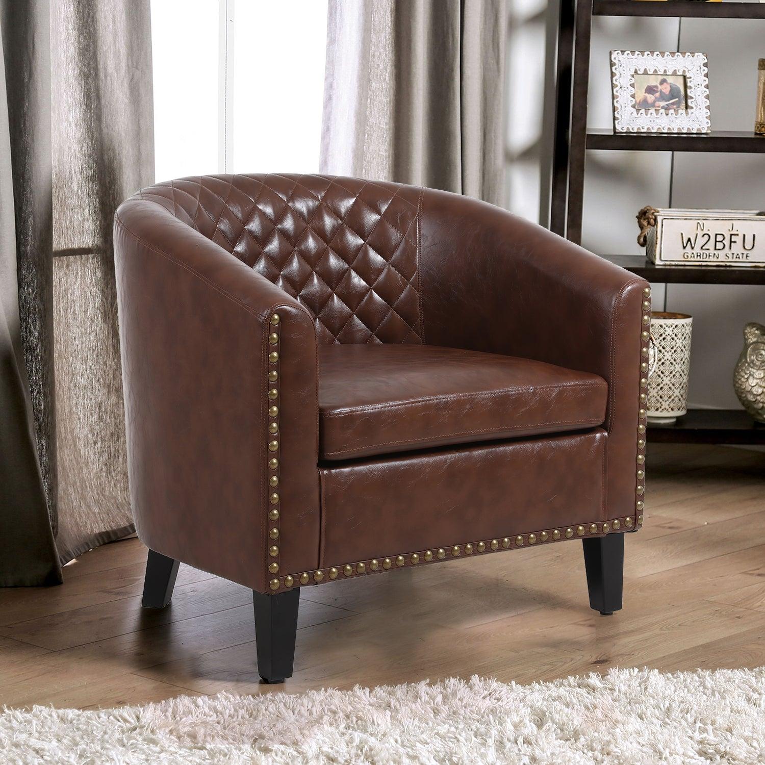 accent Barrel chair living room chair with nailheads and solid wood legs  Brown pu leather