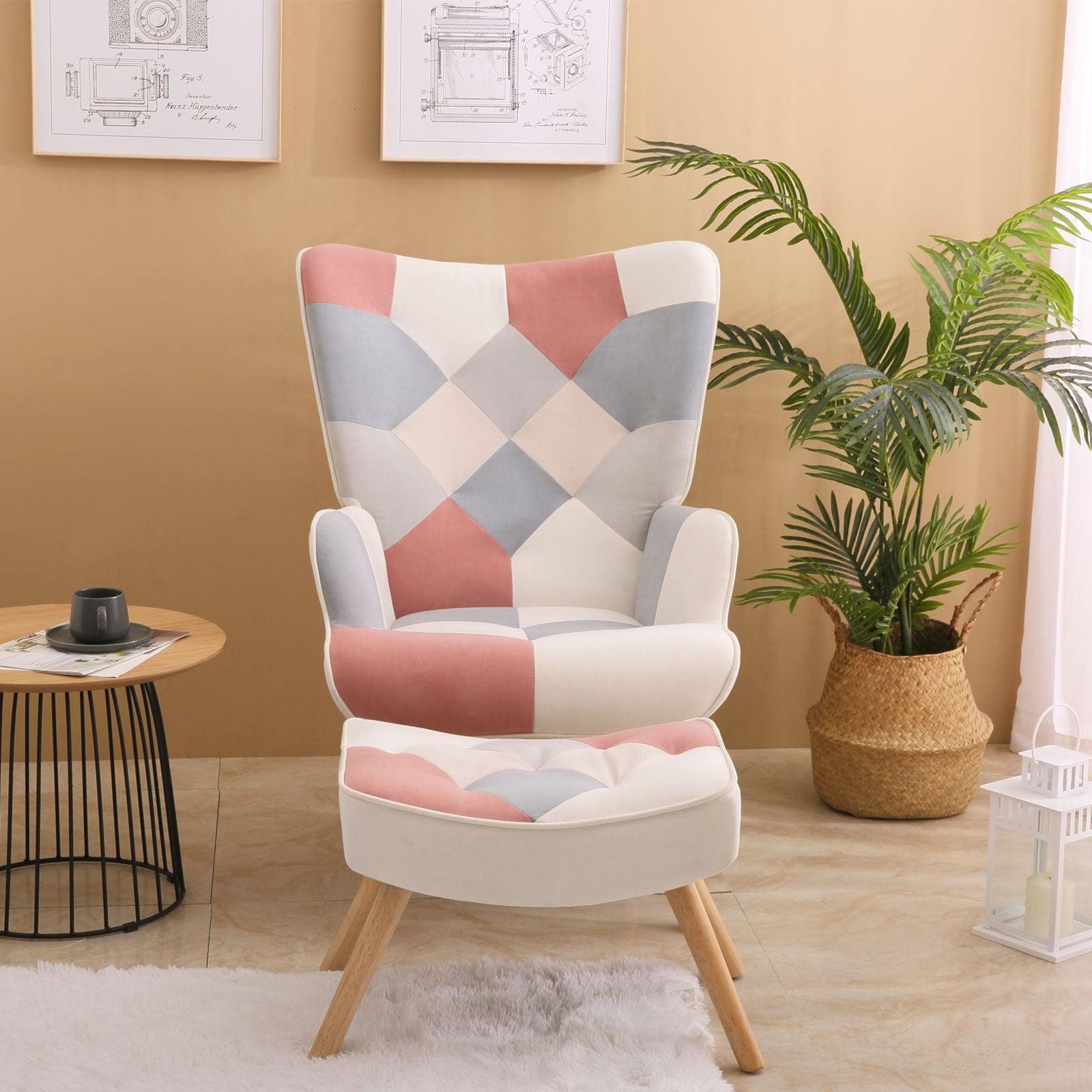 Accent Chair with Ottoman, Living Room Chair and Ottoman Set, Comfy Side Armchair for Bedroom, Creative Splicing Cloth Surface, pink