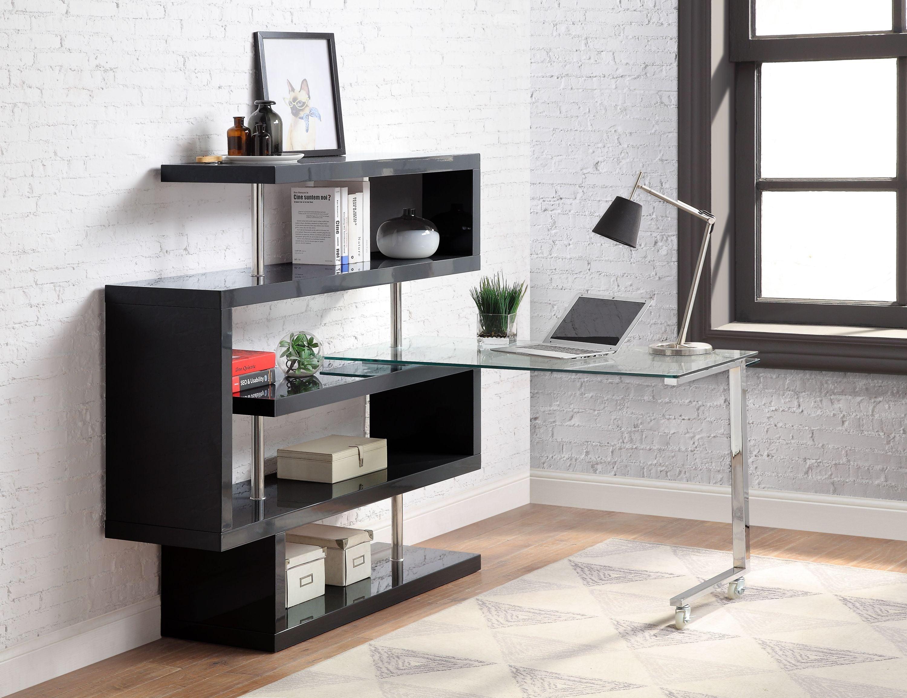 ACME Raceloma Writing Desk w/Shelf, Clear Glass, Black & Chrome Finish 93177 image