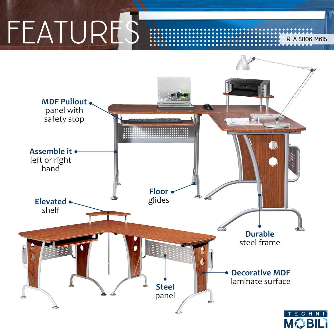 Techni Mobili Deluxe L-Shaped Computer Desk With Pull Out Keyboard Panel, Mahogany