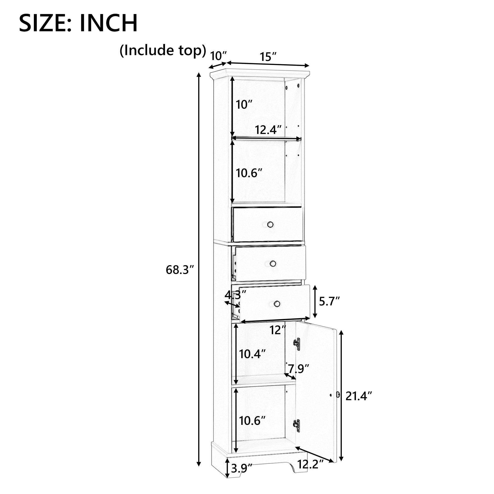 Grey Tall Bathroom Cabinet, FreestandingStorage Cabinet with 3 Drawers and Adjustable Shelf, MDF Board with Painted Finish