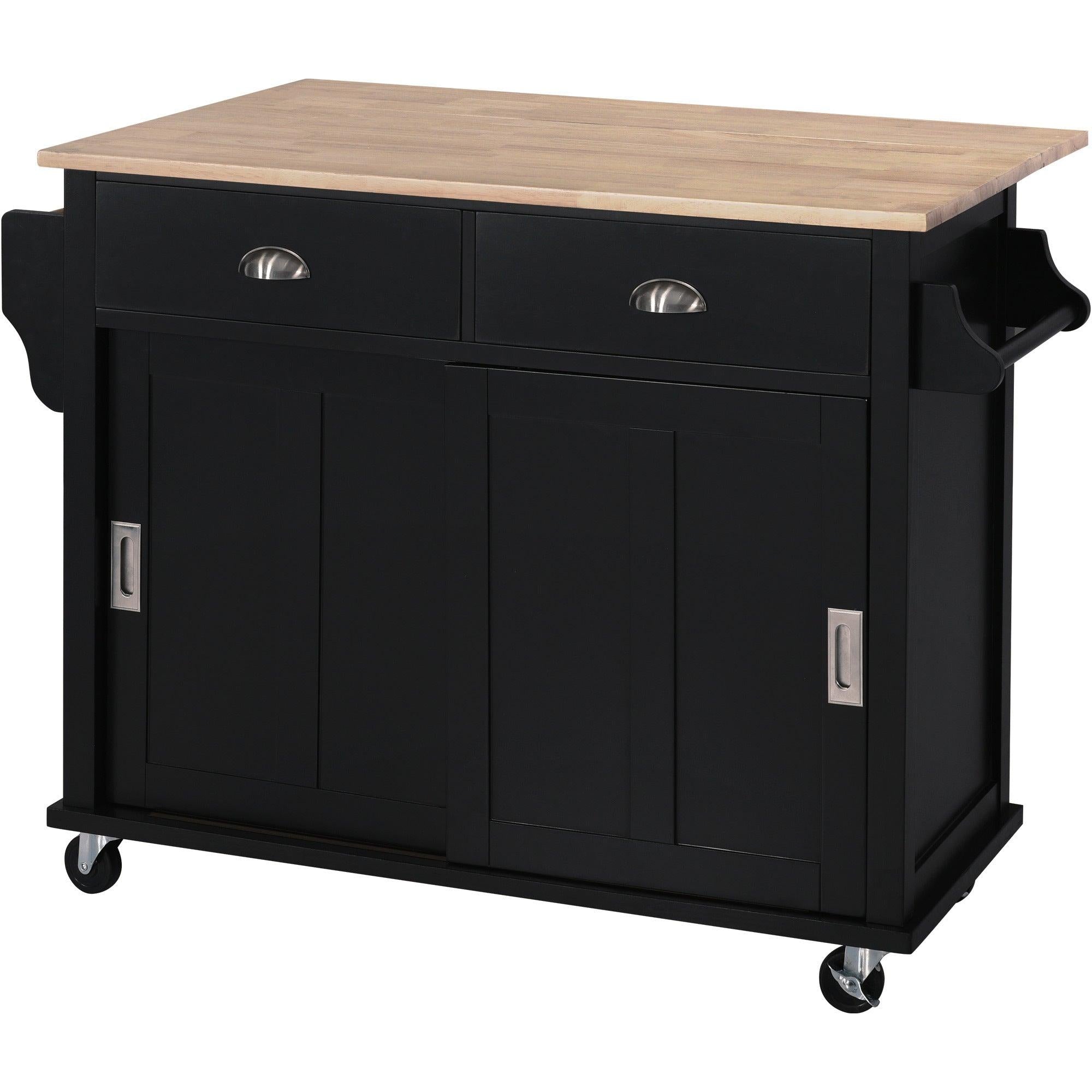 Kitchen Cart with Rubber wood Drop-Leaf Countertop, Concealed sliding barn door adjustable height,Kitchen Island on 4 Wheels withStorage Cabinet and 2 Drawers,L52.2xW30.5xH36.6 inch, Black