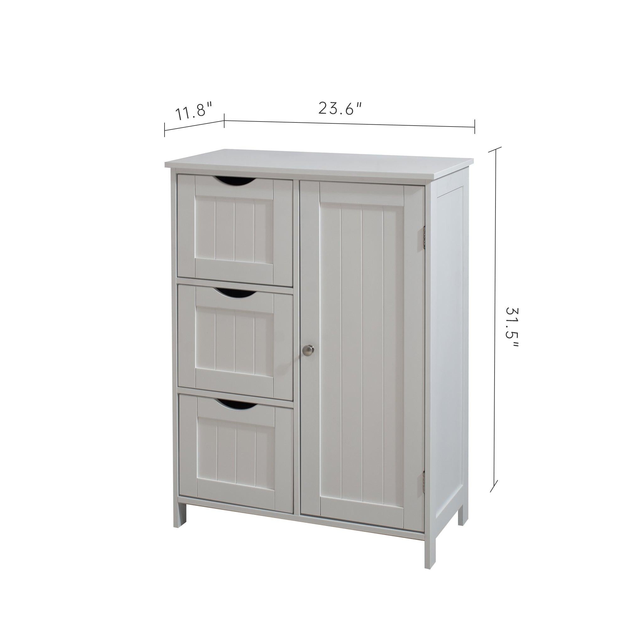 White Bathroom FloorStorage Cabinet, Wooden FreestandingStorage Cabinet, SideStorage Organizer with 1 Cupboard and 3 Drawers