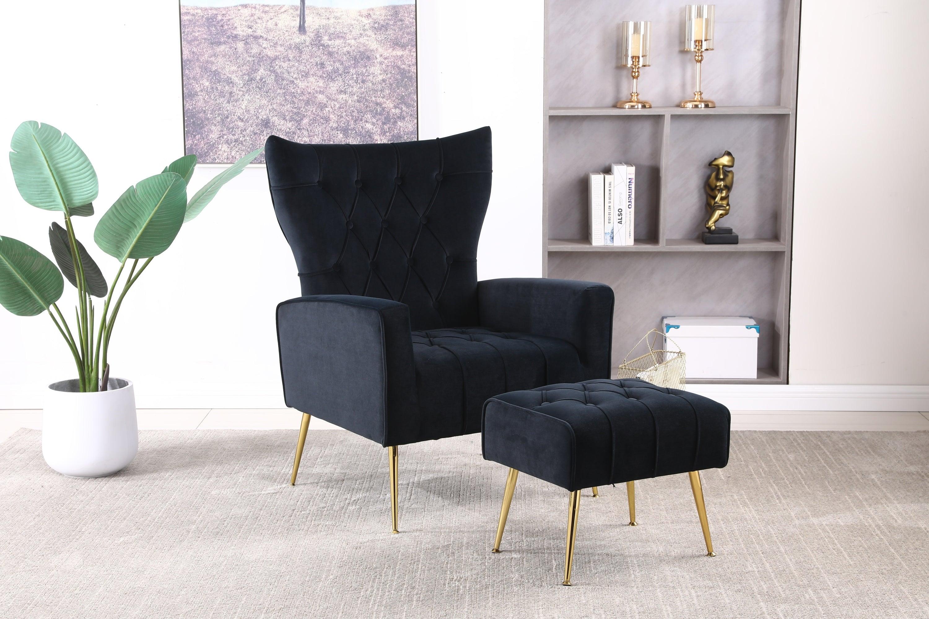 Modern Accent Chair with Ottoman,  Comfy  Armchair for Living Room, Bedroom, Apartment, Office (Black) image