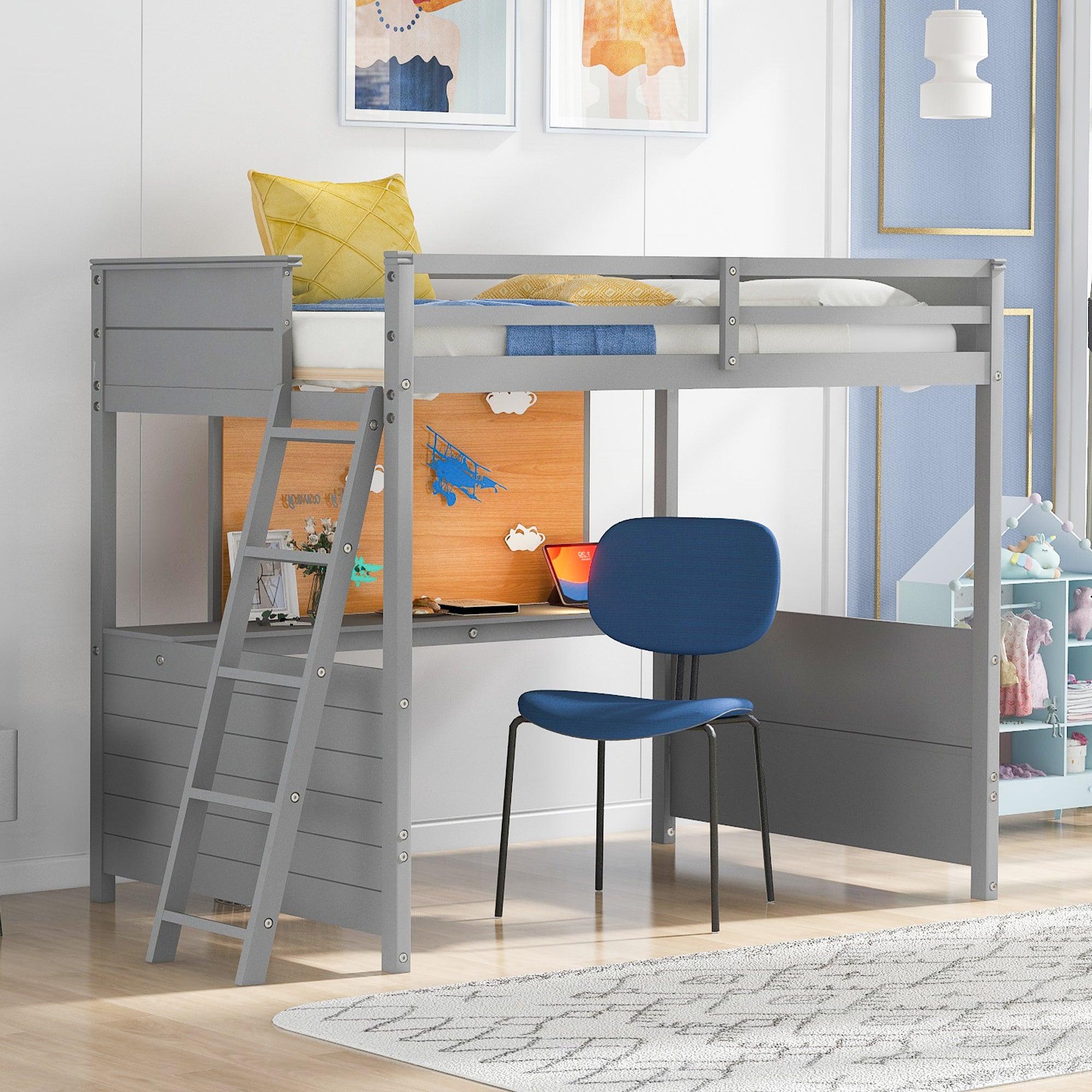 Full size Loft Bed with Desk and Writing Board, Wooden Loft Bed with Desk - Gray image