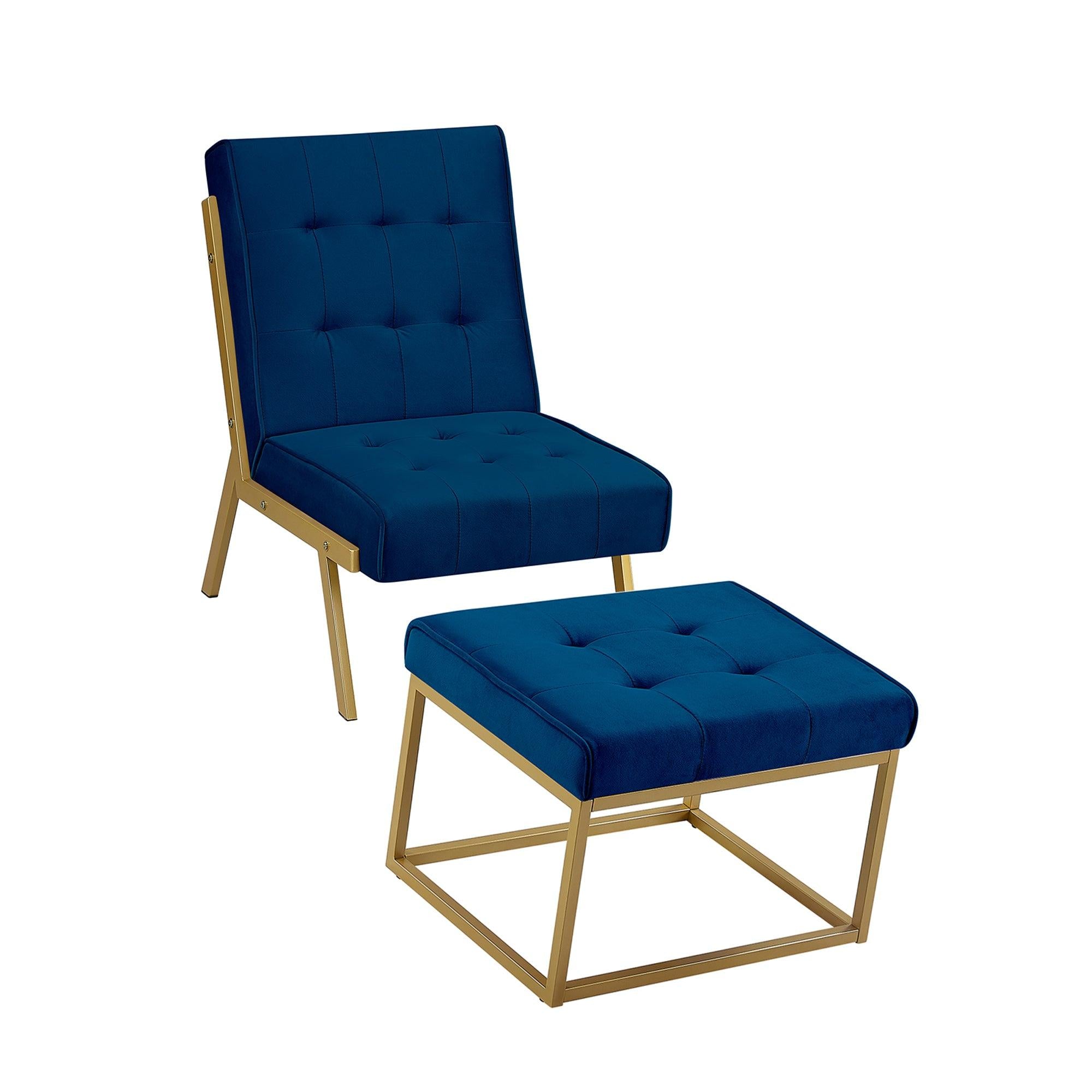 Gold Metal Frame Velvet Upholstery Chair with Ottoman(Navy Blue)