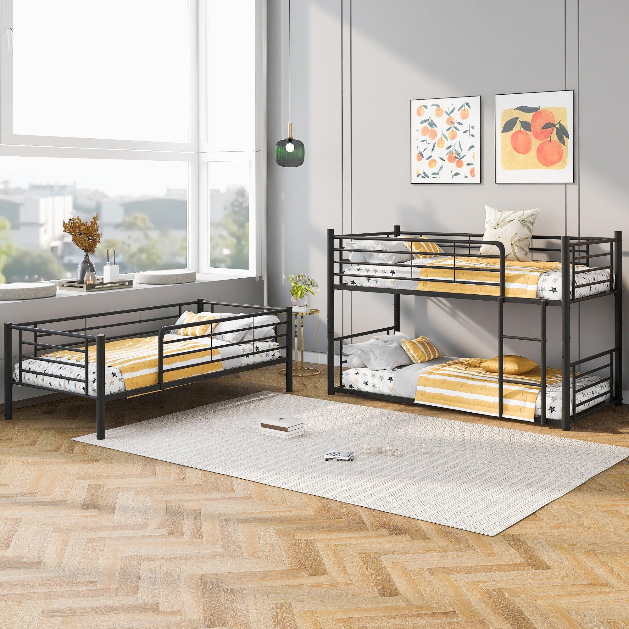 Twin-Twin-Twin Triple Bed with Built-in Ladder, Divided into Three Separate Beds,Black