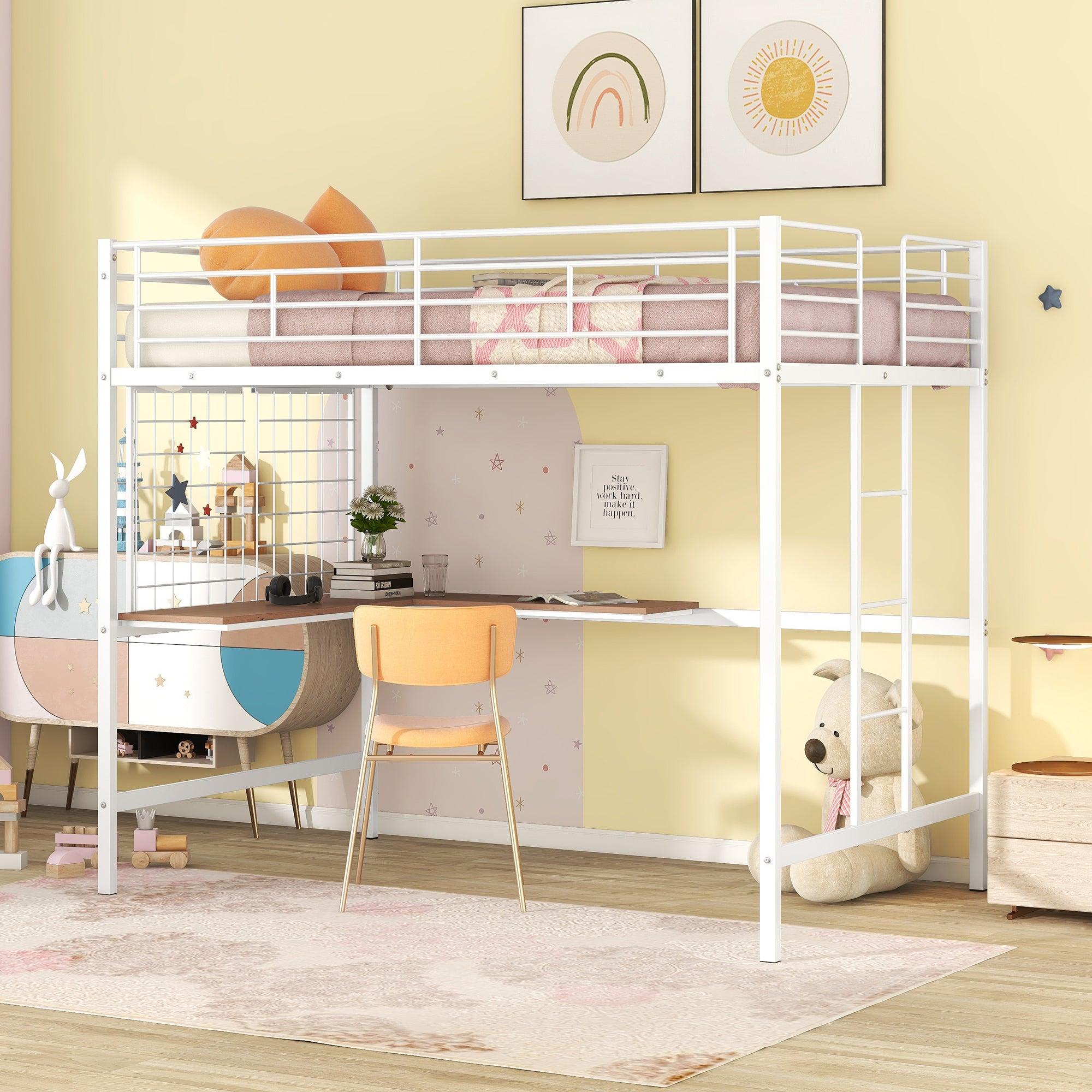 Full Metal Loft Bed with Desk and Metal Grid, White image