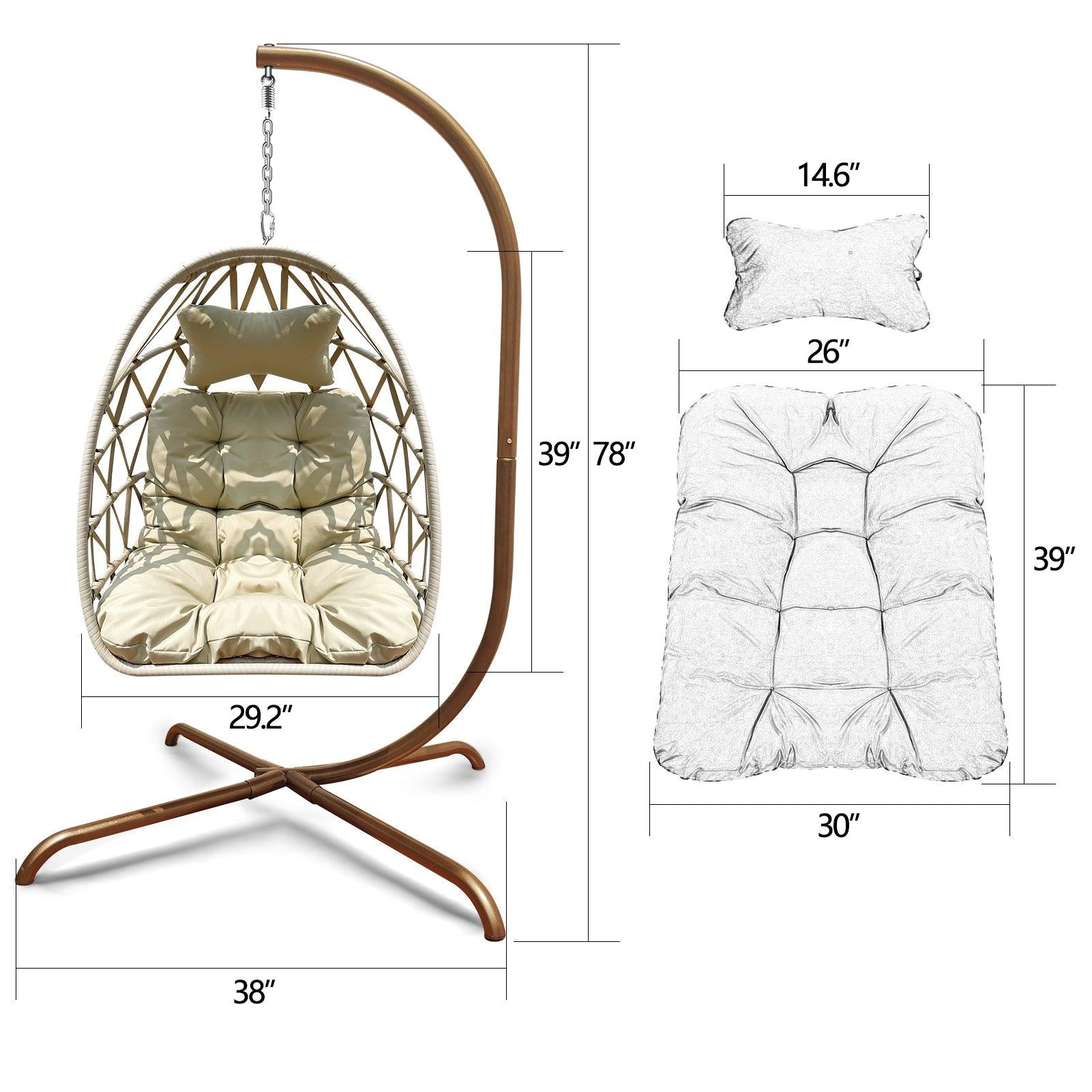 Swing Egg Chair with Stand Indoor Outdoor Wicker Rattan Patio Basket Hanging Chair with C Type bracket , with cushion and pillow,Patio Wicker folding Hanging Chair