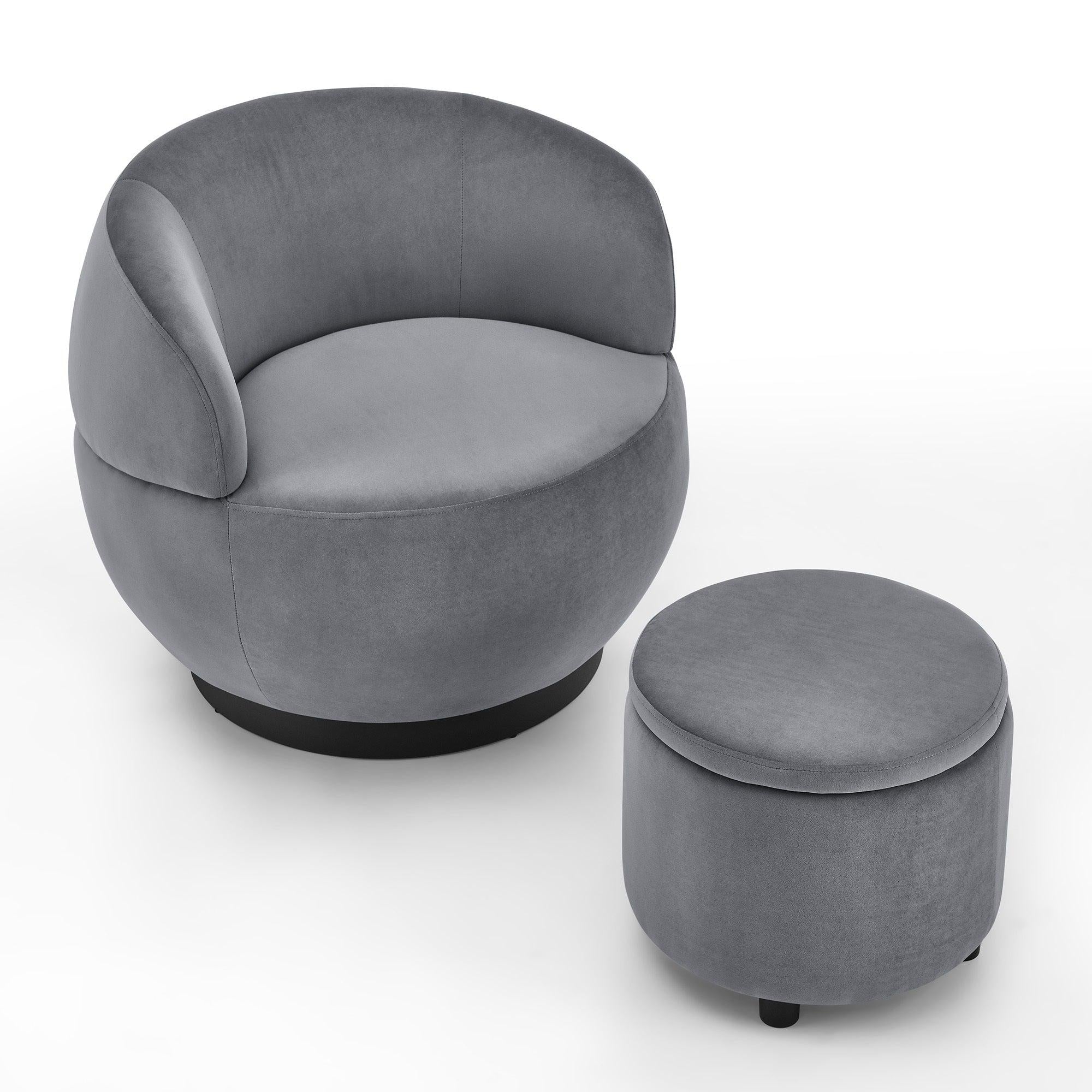 Swviel Barrel Chair with Black Stainless Steel Base, withStorage Ottoman, Velvet, Grey