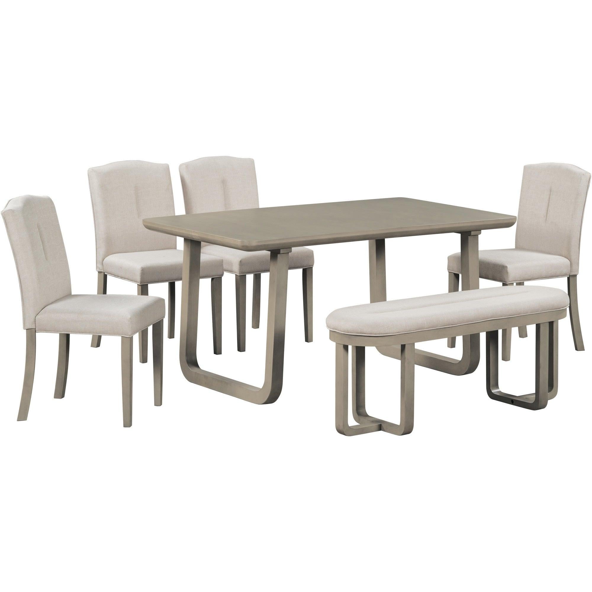 6-Piece Retro-Style Dining Set Includes Dining Table, 4 Upholstered Chairs & Bench with Foam-covered Seat Backs&Cushions for Dining Room (Light Khaki+Beige)