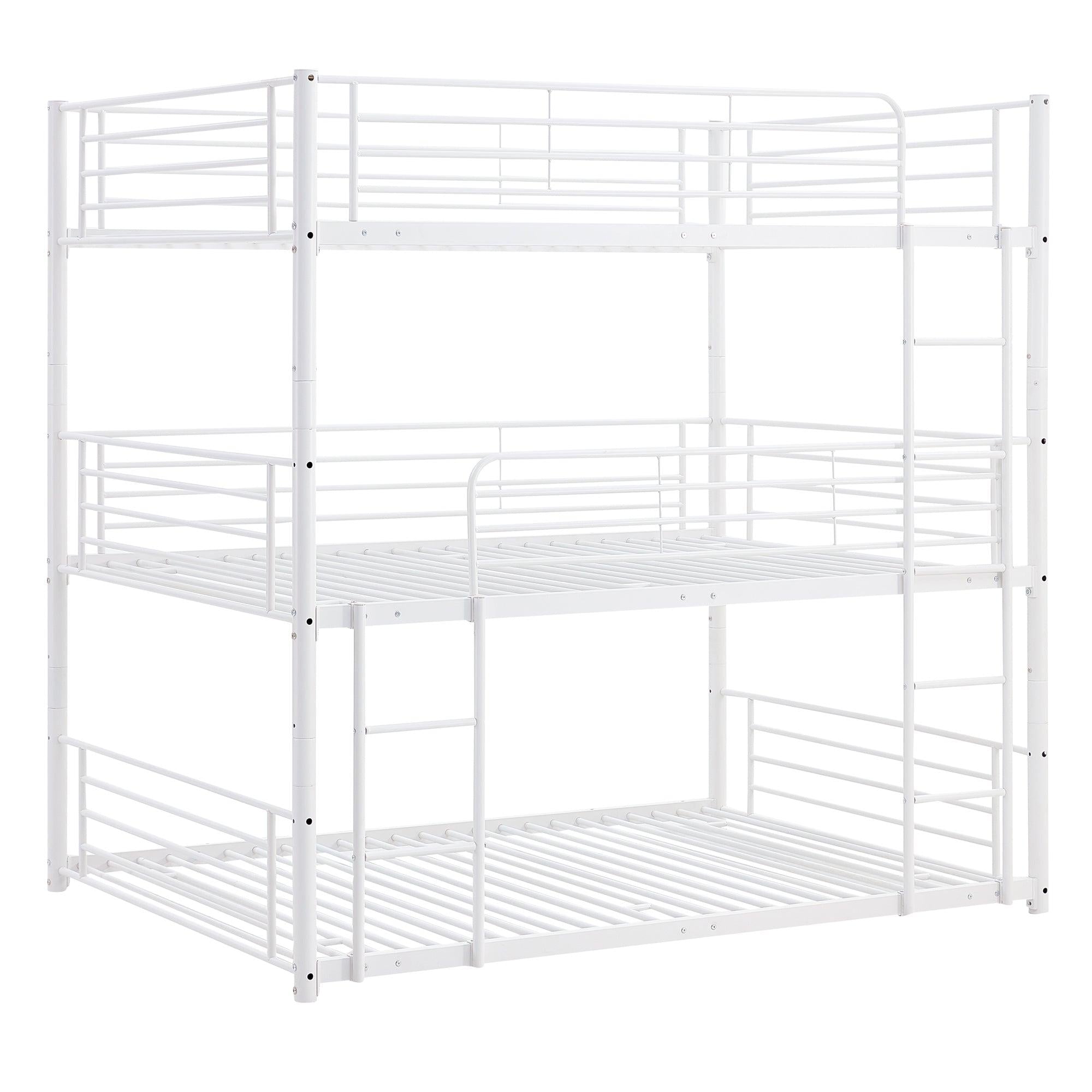 Full-Full-Full Metal  Triple Bed  with Built-in Ladder, Divided into Three Separate Beds,White