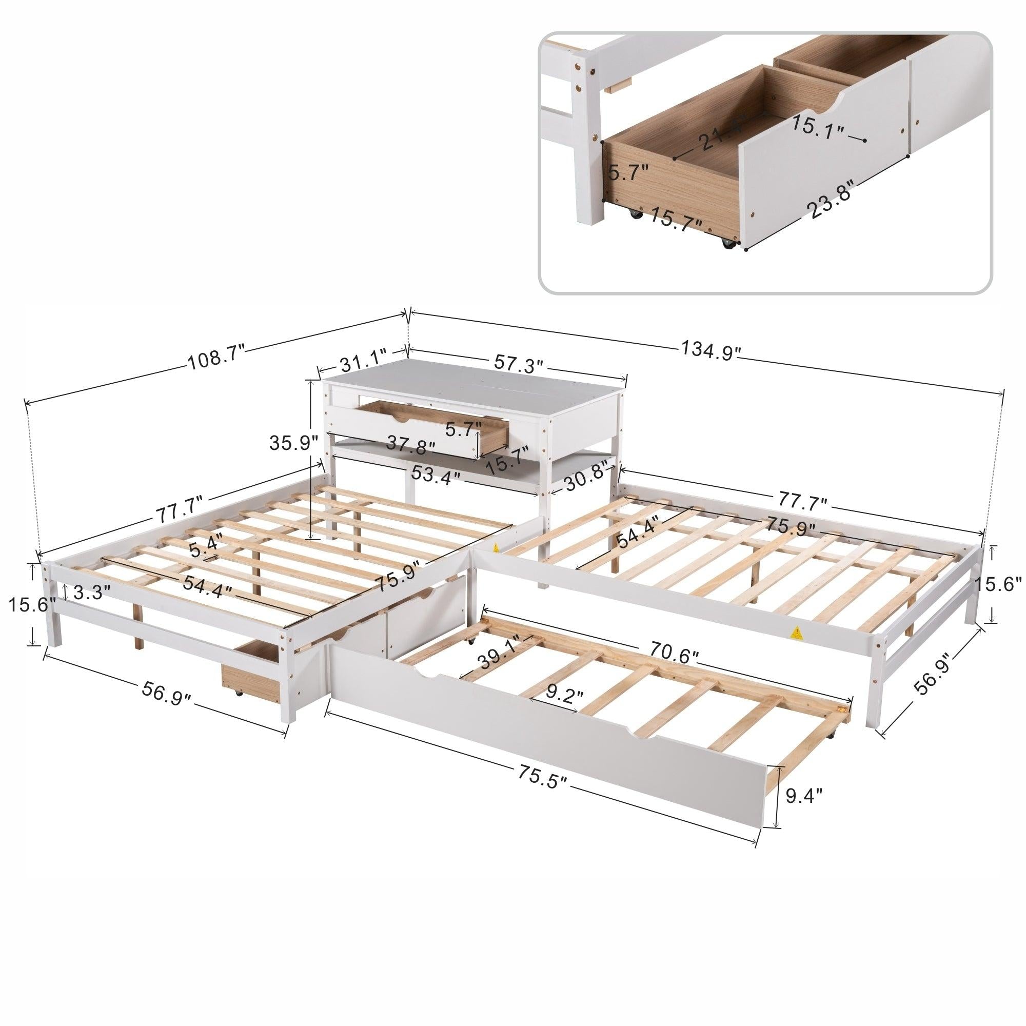 Full Size L-shaped Platform Beds with Twin Size Trundle and Drawers Linked with Built-in Rectangle Table,White