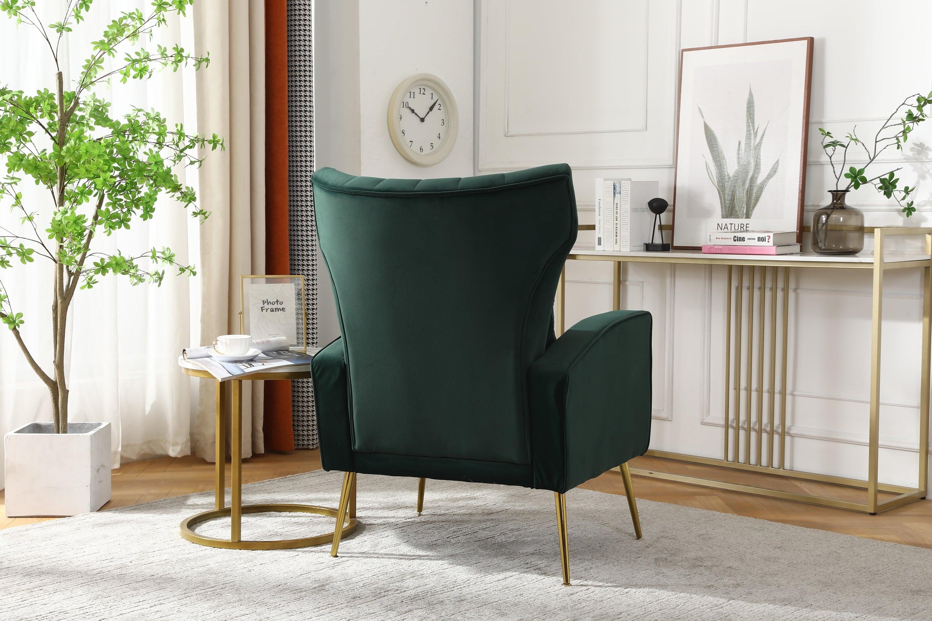 Velvet Accent Chair,Modern Living Room Armchair Comfy Upholstered Single Sofa Chair for Bedroom Dorms Reading Reception Room with Gold Legs & Small Pillow, Dark Green