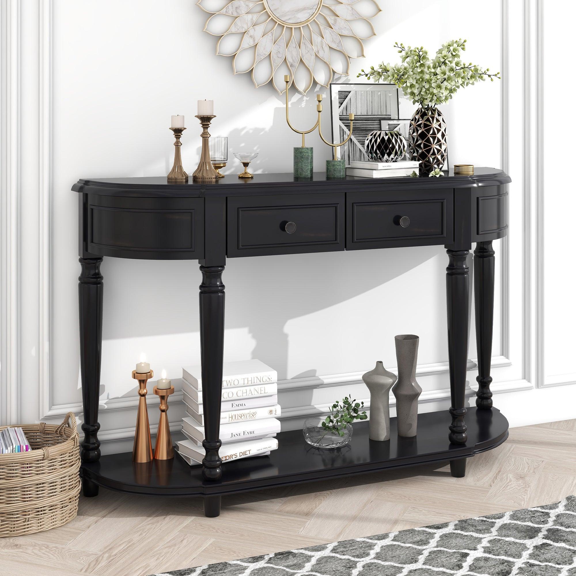 Retro Circular Curved Design Console Table with Open Style Shelf Solid Wooden Frame and Legs Two Top Drawers (Black) image