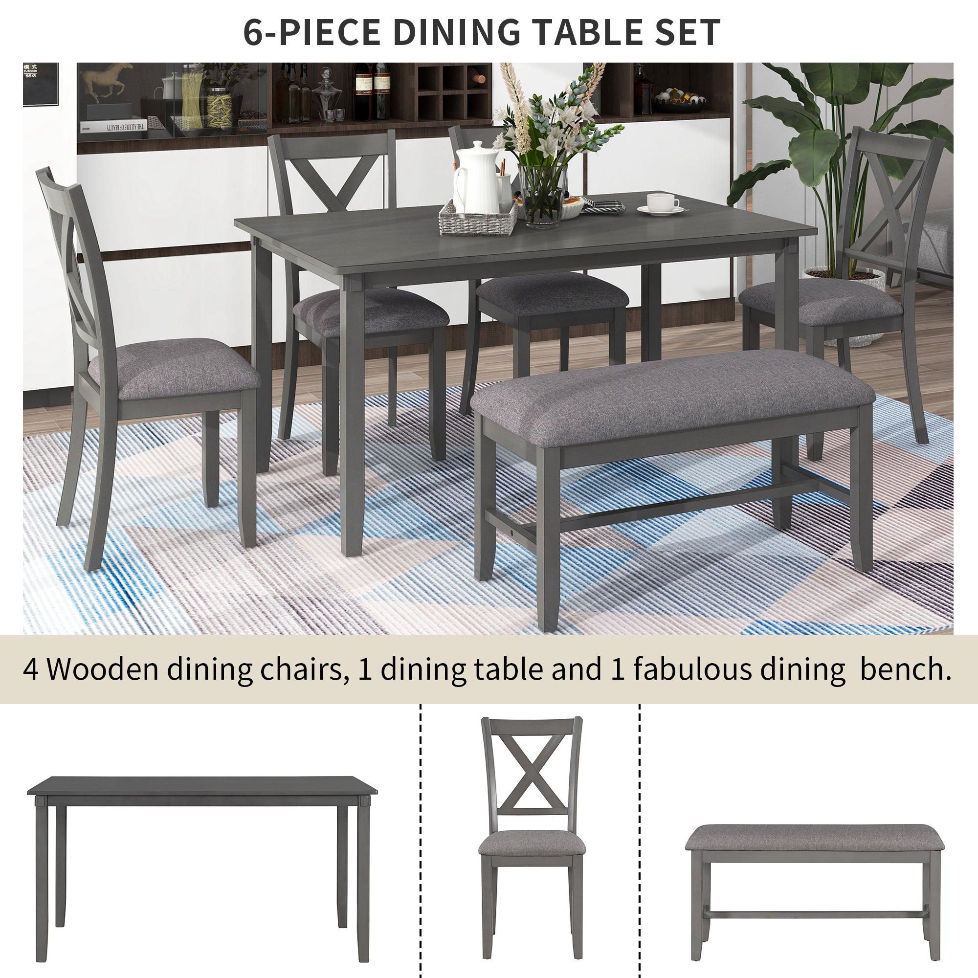 6-Piece Kitchen Dining Table Set Wooden Rectangular Dining Table, 4 Fabric Chairs and Bench Family Furniture (Gray)