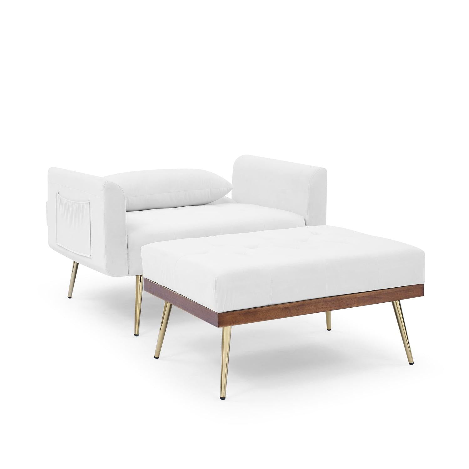 Recline Sofa Chair with Ottoman, Two Arm Pocket and Wood Frame include 1 Pillow, White (40.5”x33”x32”)