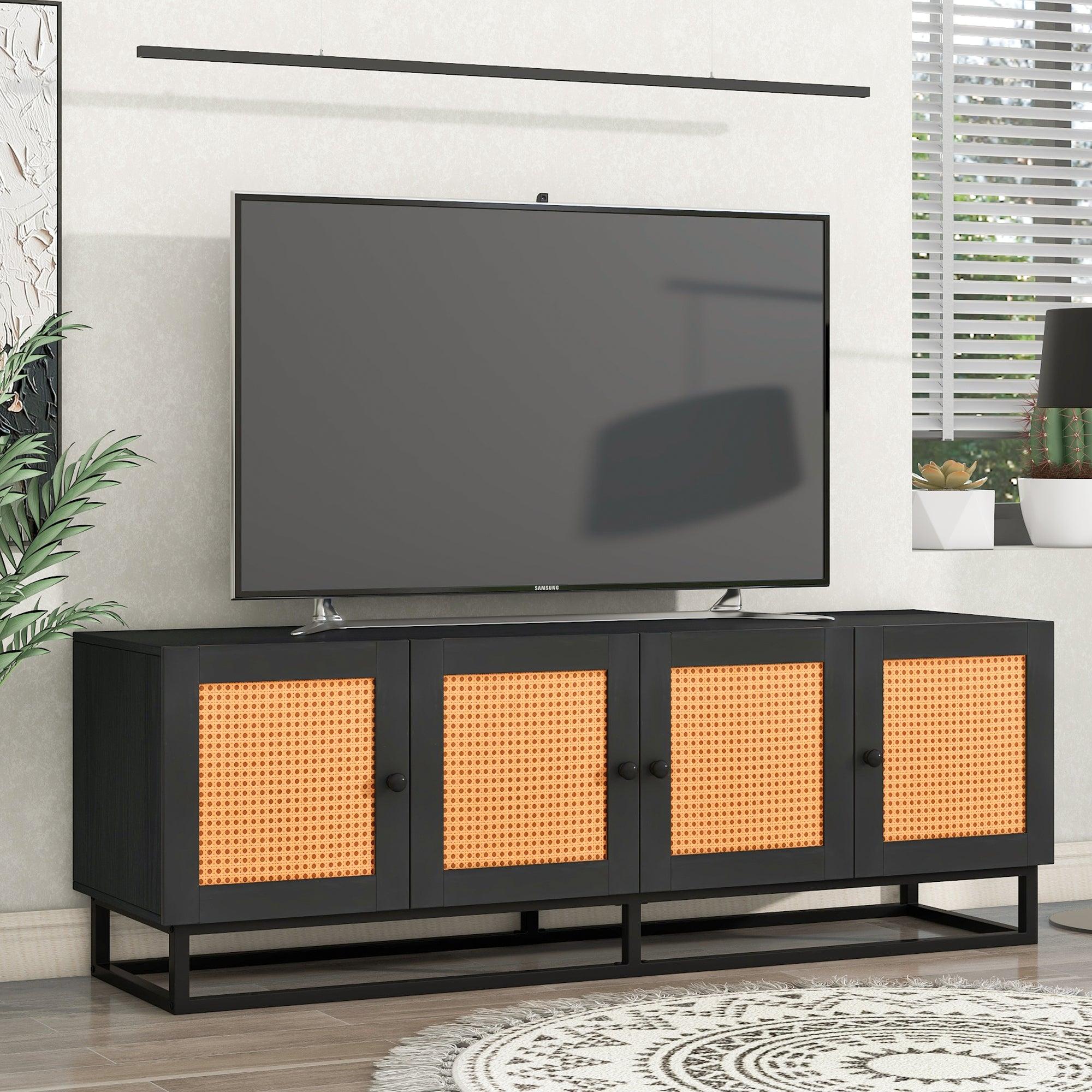 TV Stand Entertainment Cabinet with 4 Textured Rattan Doors and 2 Adjustable Panels, Wooden Farmhouse TV Console Table for TVs up to 65inches, Espresso image