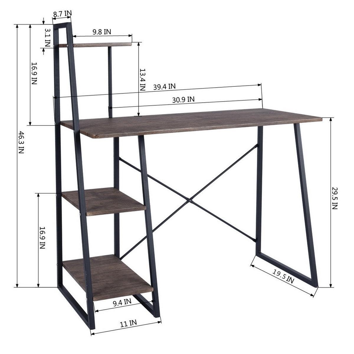 39.4"W X 19.5"D X 29.5"-46.3"H 4 TierStorage Shelf Computer Desk, WALNUT & BLACK