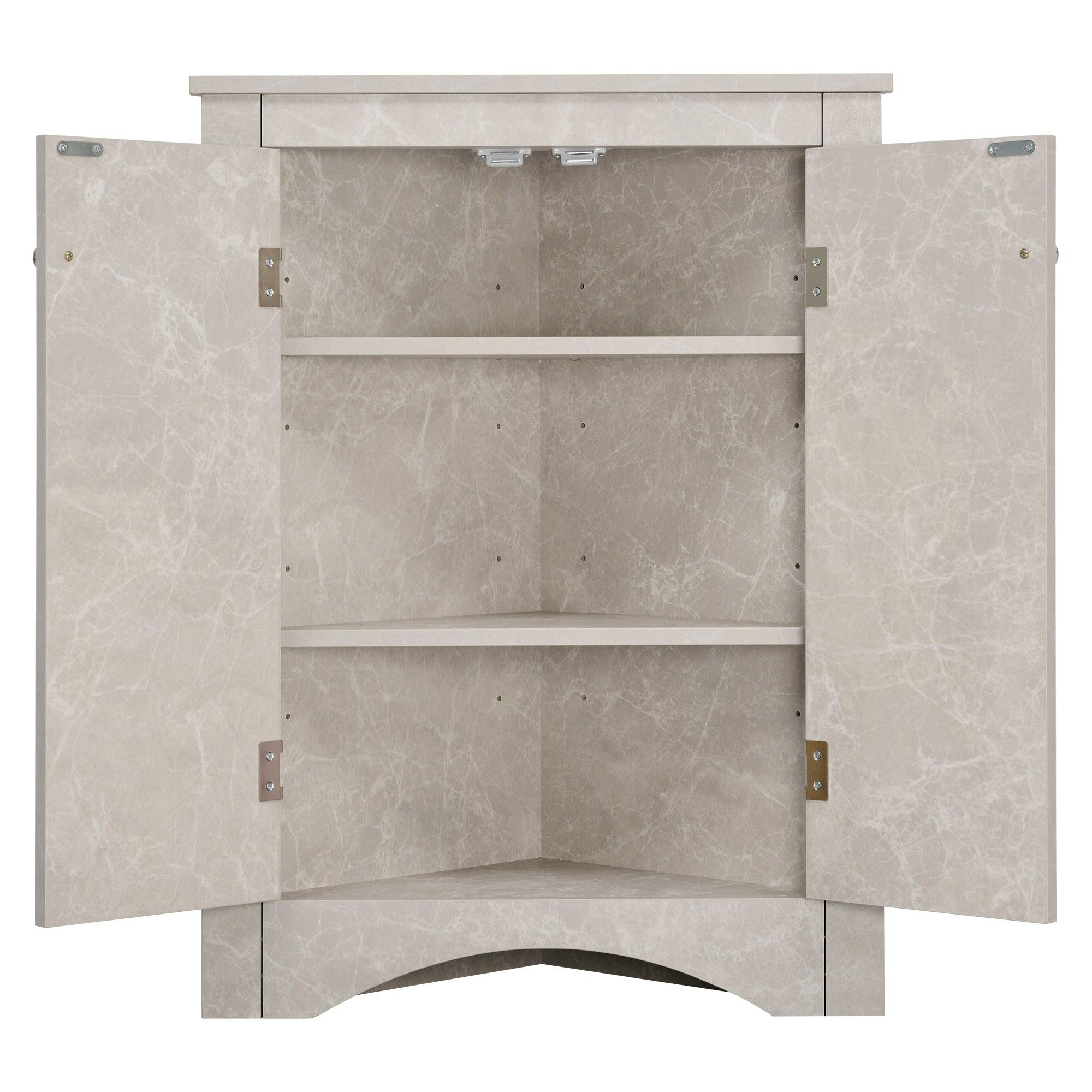 White Marble Triangle BathroomStorage Cabinet with Adjustable Shelves, Freestanding Floor Cabinet for Home Kitchen