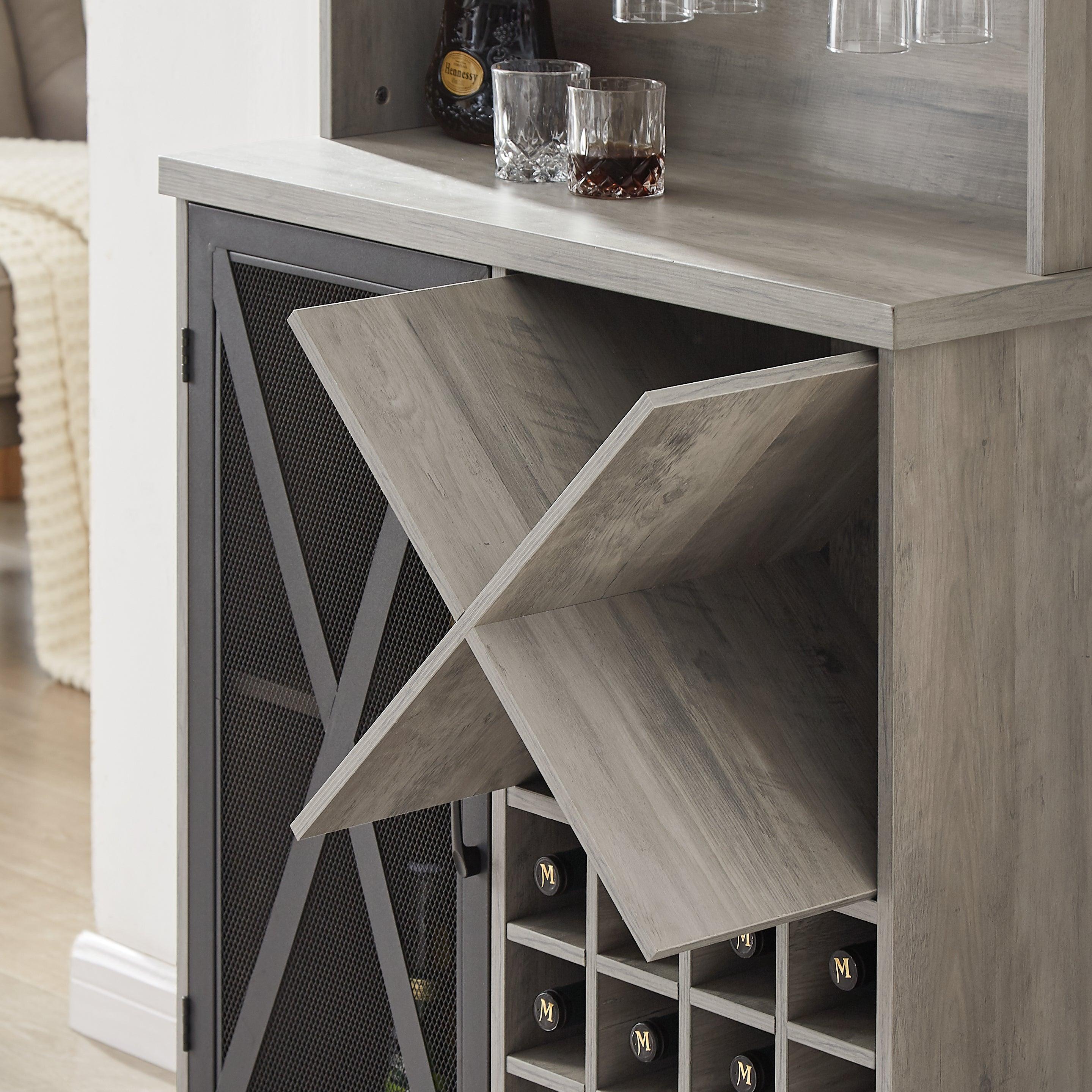 Farmhouse Wine Cabinet , Large Capacity Kitchen SideboardStorage Cabinet With Wine Rack And Glass Holder, Adjustable Shelf And 16 Square Compartments (Gray, 31.50" W*13.4" D*71.06"H)