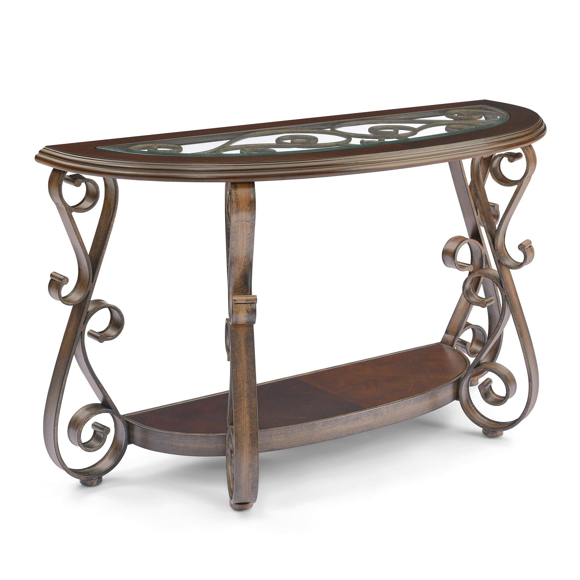 Console Table with Glass Table Top and Powder Coat Finish Metal Legs，Dark Brown （25.5"X25.5"X23.5")