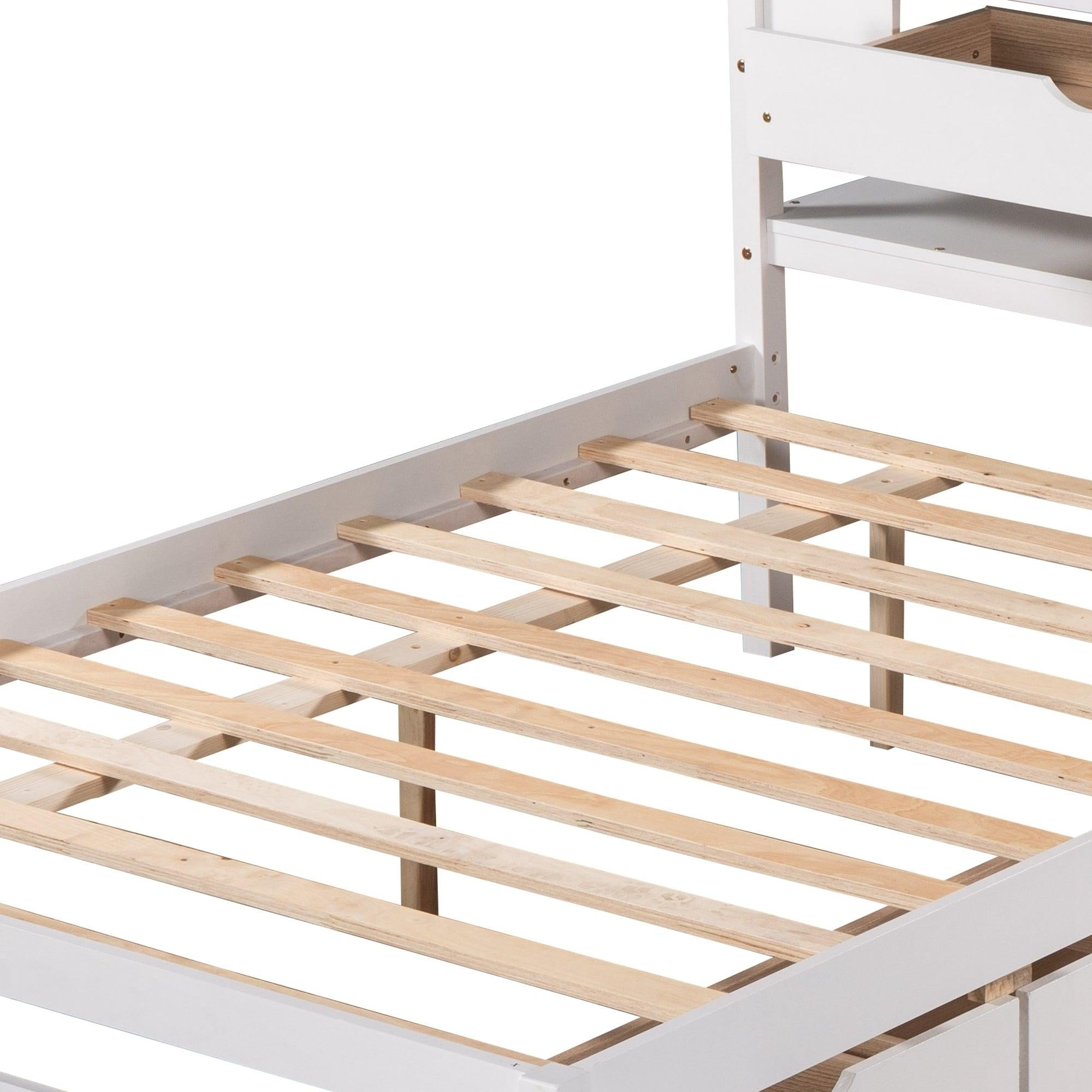 Full Size L-shaped Platform Beds with Twin Size Trundle and Drawers Linked with Built-in Rectangle Table,White