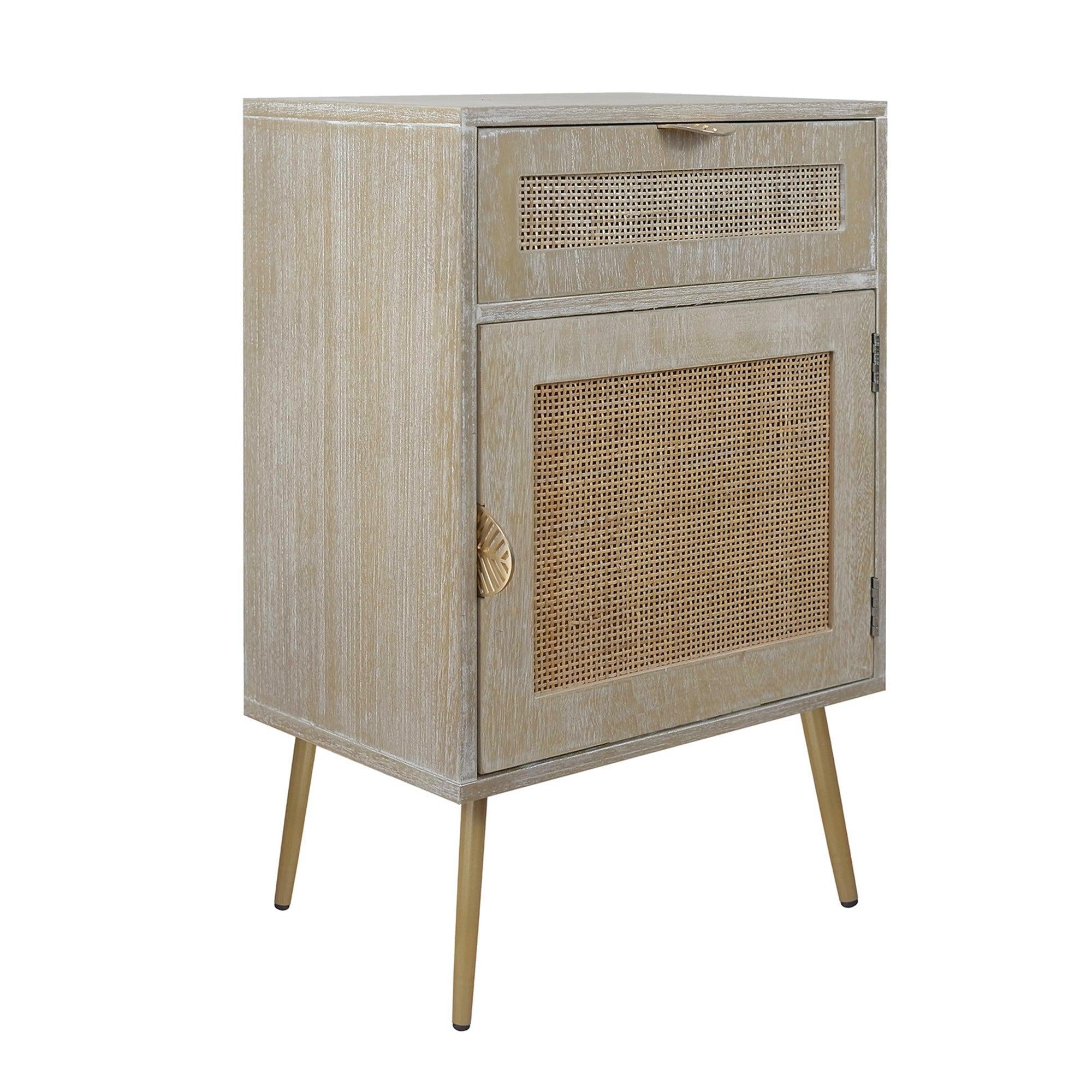 Wooden Nightstand with Rattan Panel,One Drawer ,One Cabinet and Metal Feet  Bedside Table (Natural)